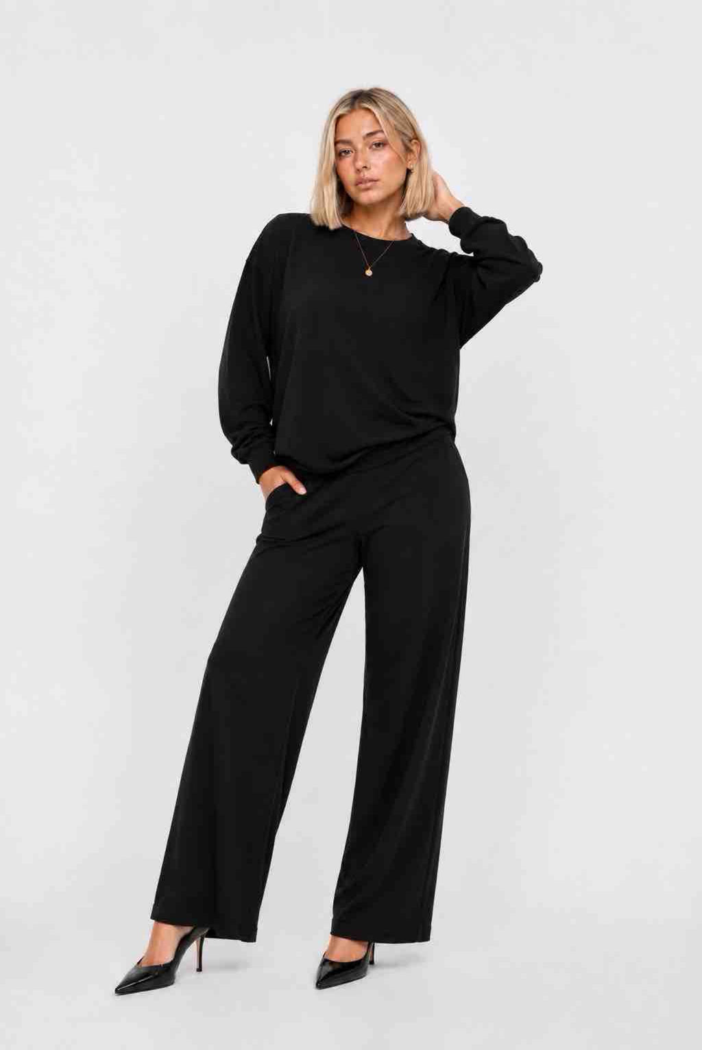 Jet Black Long-Sleeve Wide-Leg Lounge Set