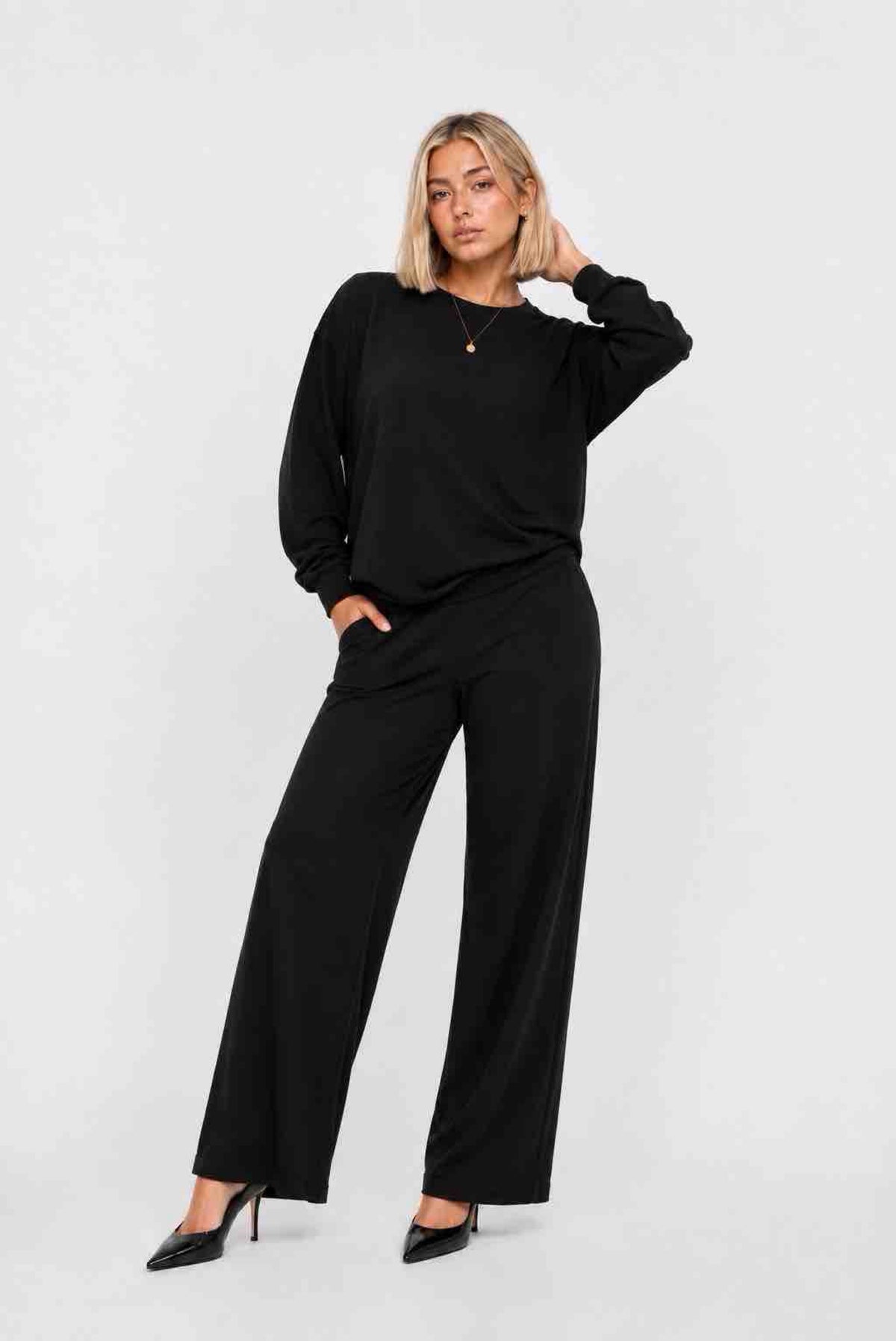 Jet Black Long-Sleeve Wide-Leg Lounge Set