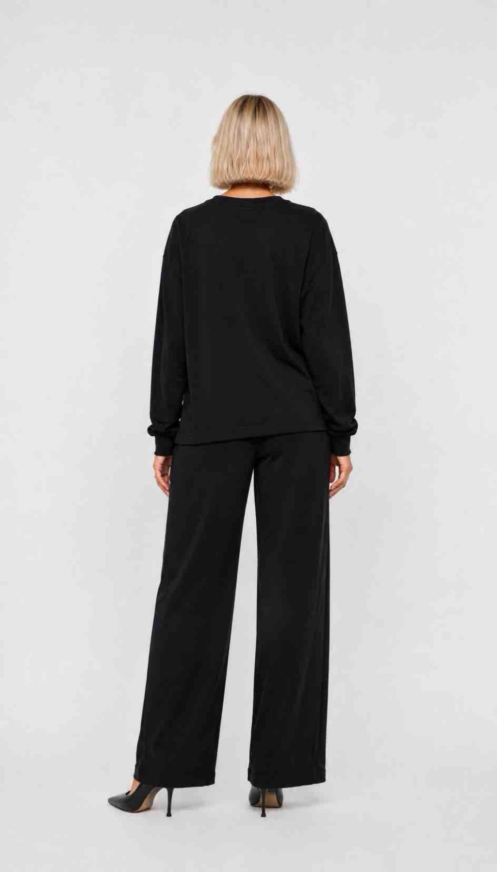 Jet Black Long-Sleeve Wide-Leg Lounge Set