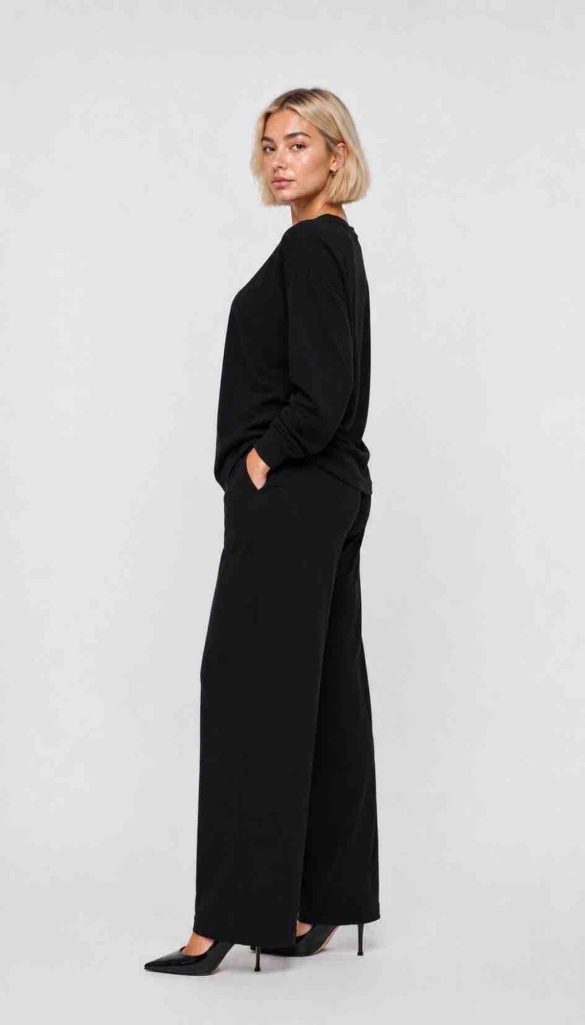 Jet Black Long-Sleeve Wide-Leg Lounge Set