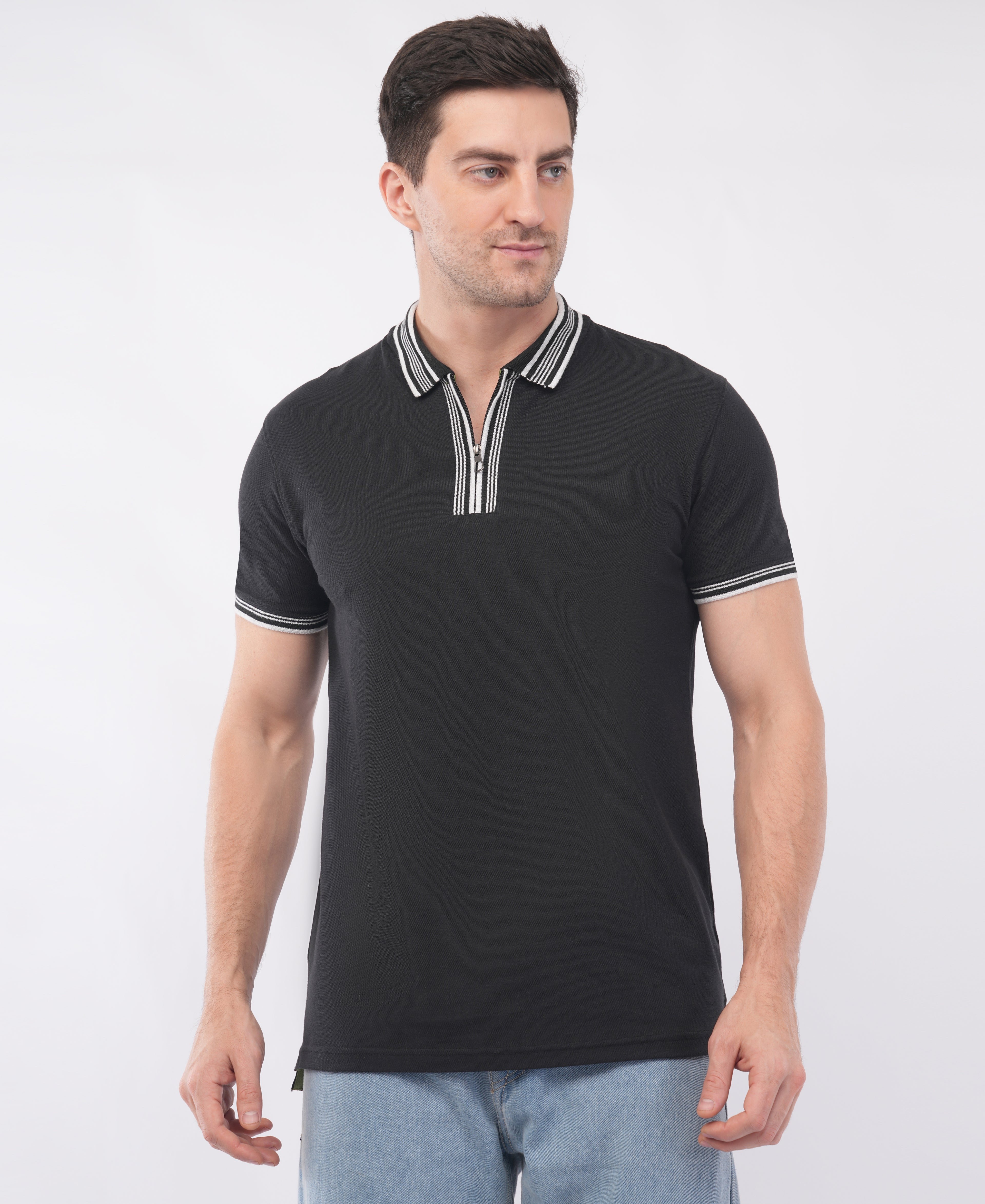 Black Polo T shirt With White Stripe Tipping Collar