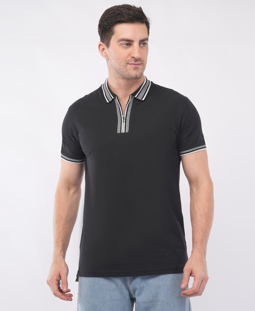 Black Polo T shirt With White Stripe Tipping Collar