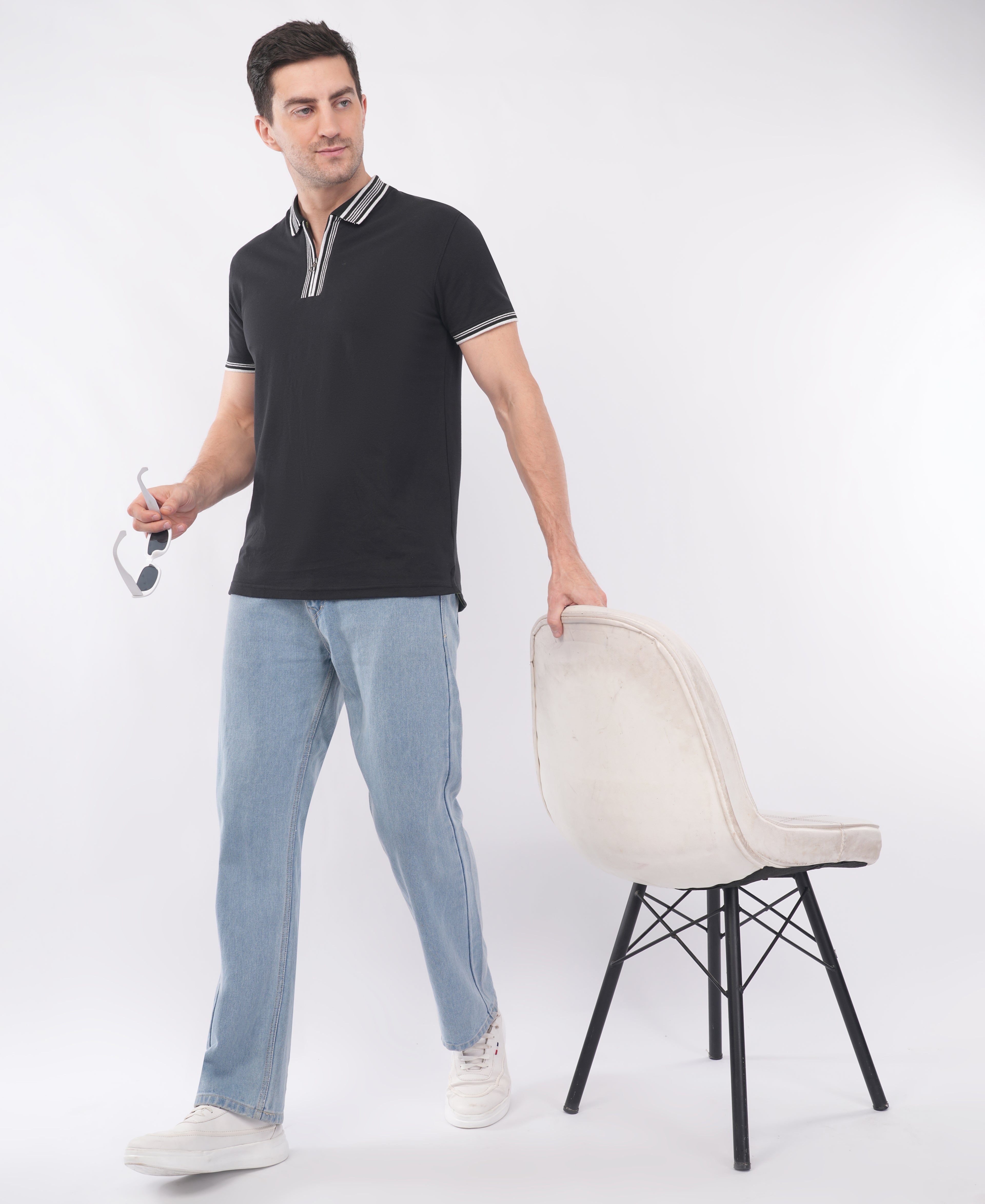 Black Polo T shirt With White Stripe Tipping Collar