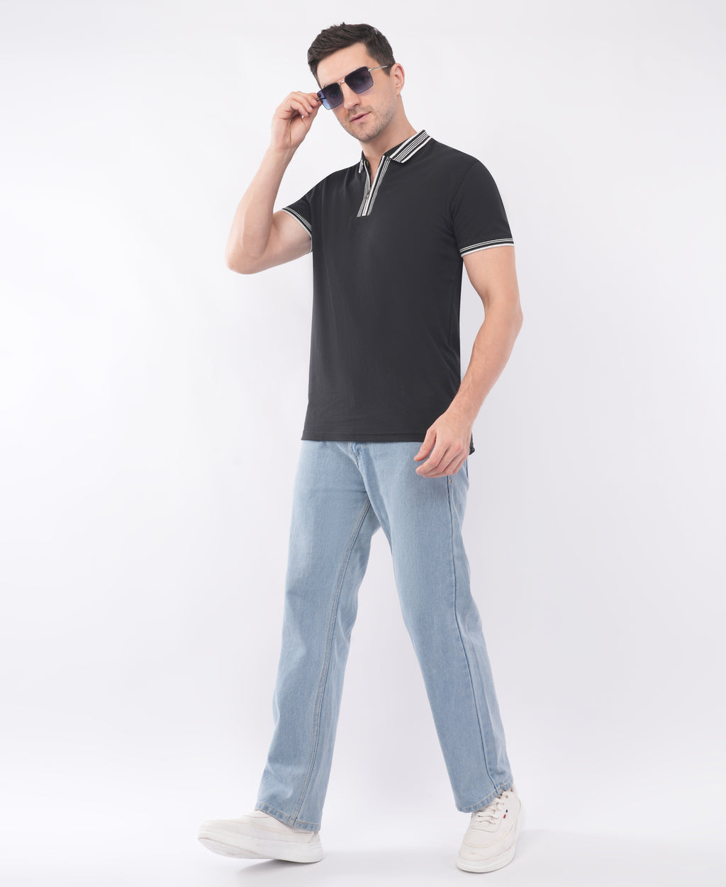 Black Polo T shirt With White Stripe Tipping Collar