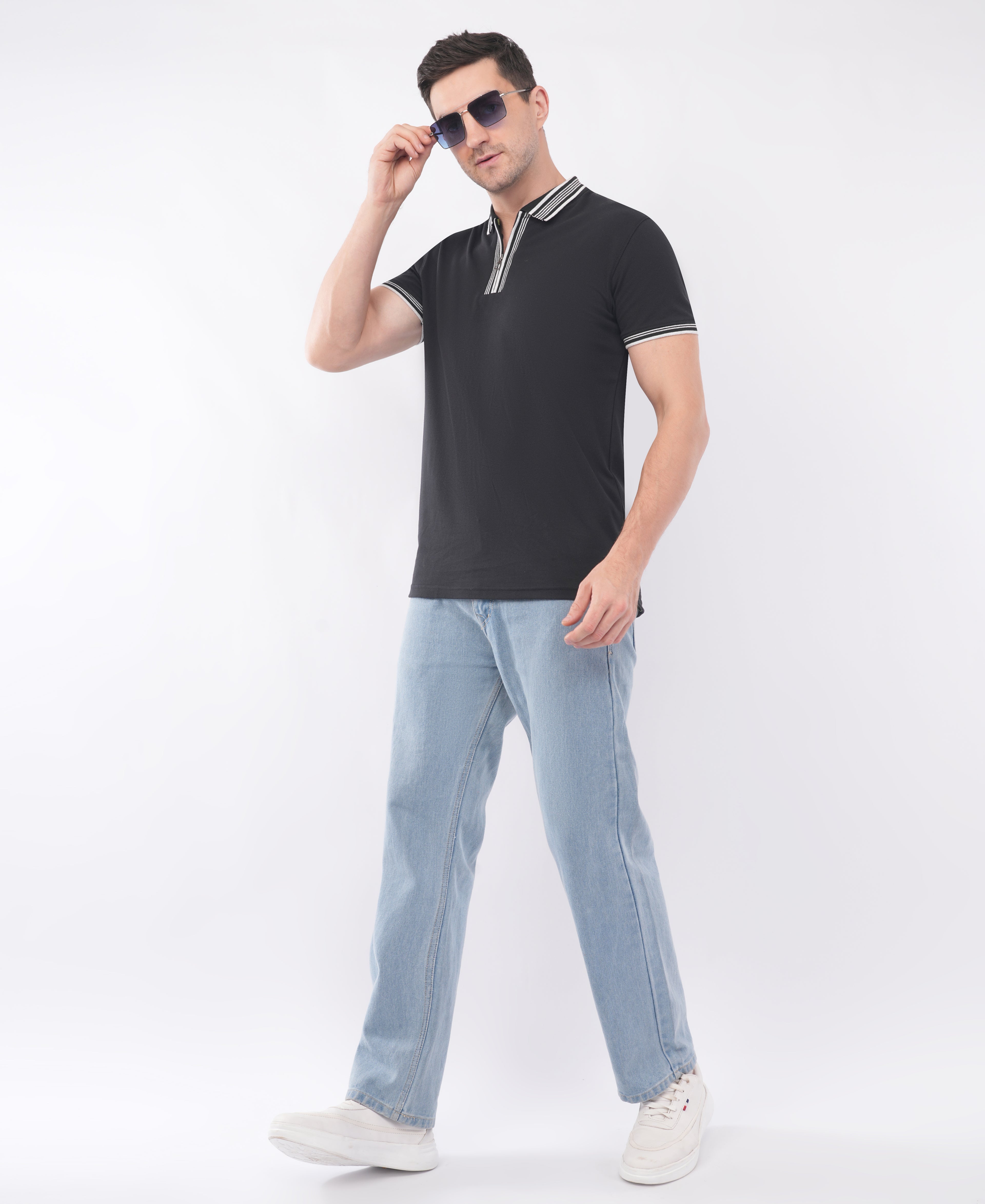 Black Polo T shirt With White Stripe Tipping Collar