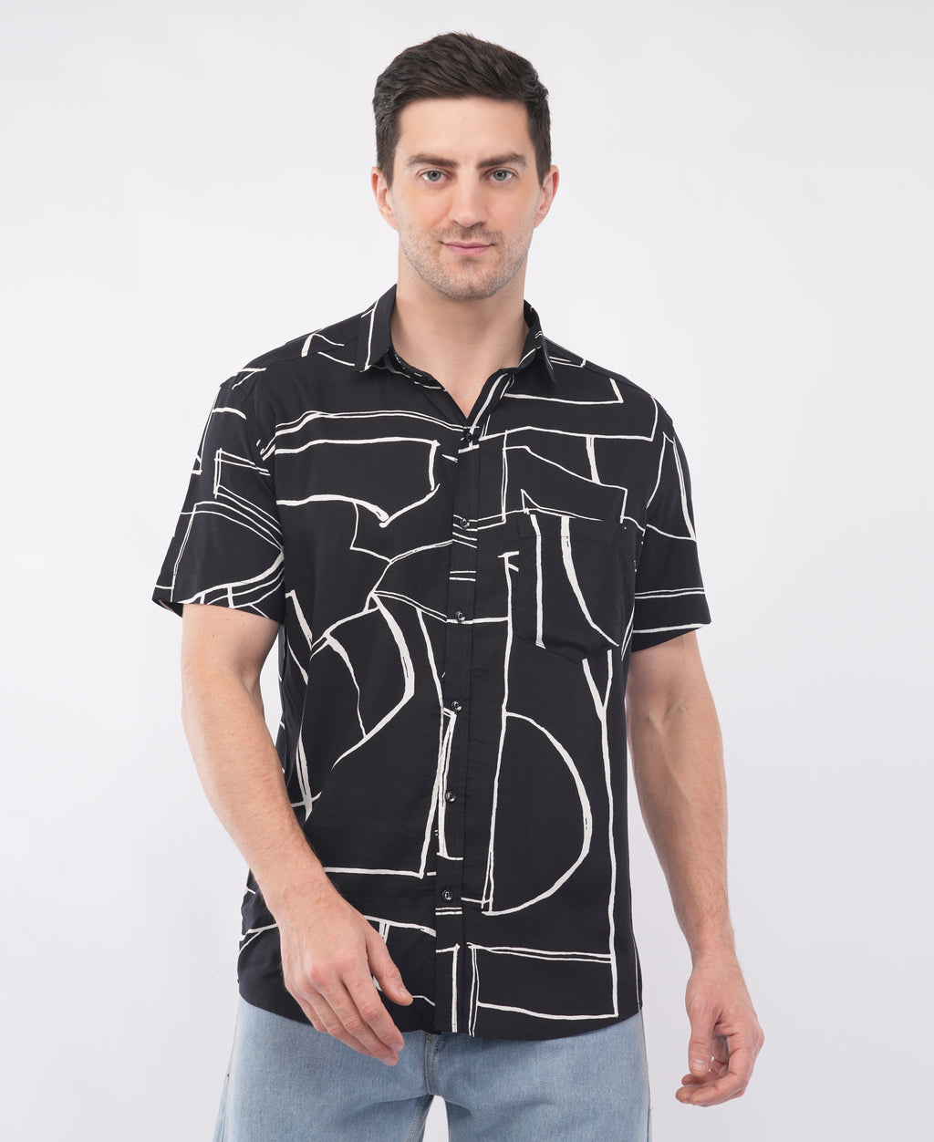 Black Half Sleeve Abstract Printed Shirt