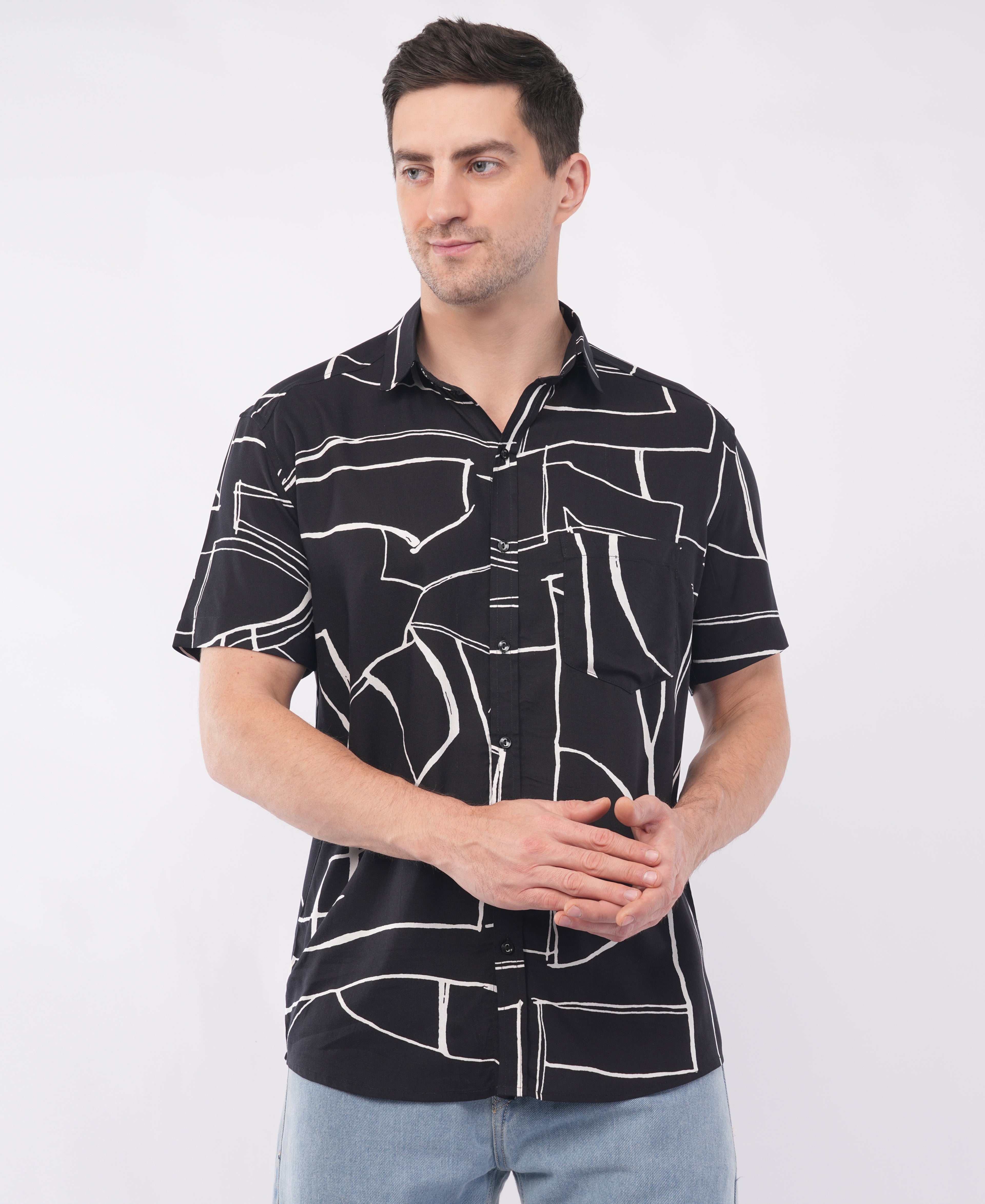 Black Half Sleeve Abstract Printed Shirt