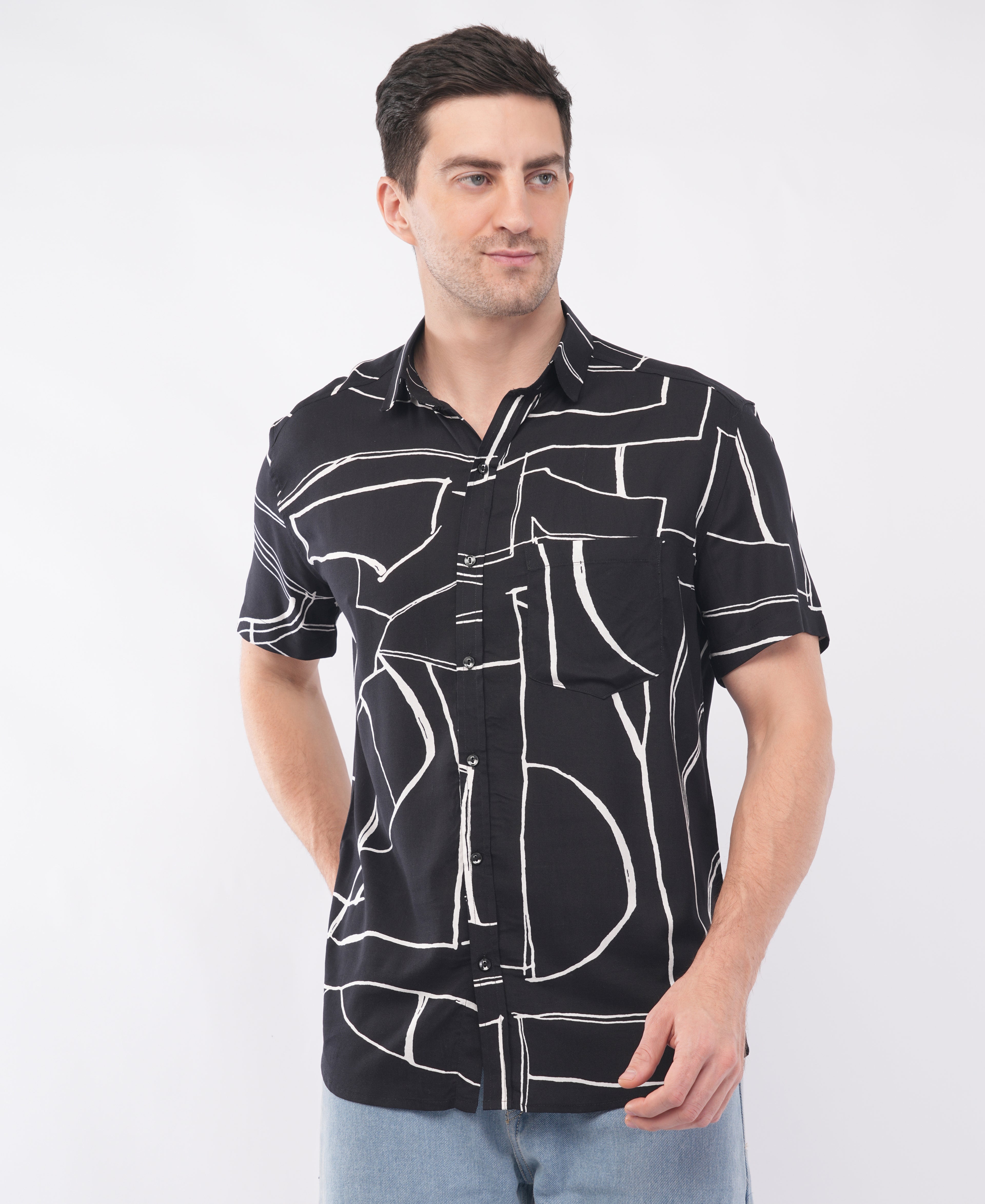 Black Half Sleeve Abstract Printed Shirt