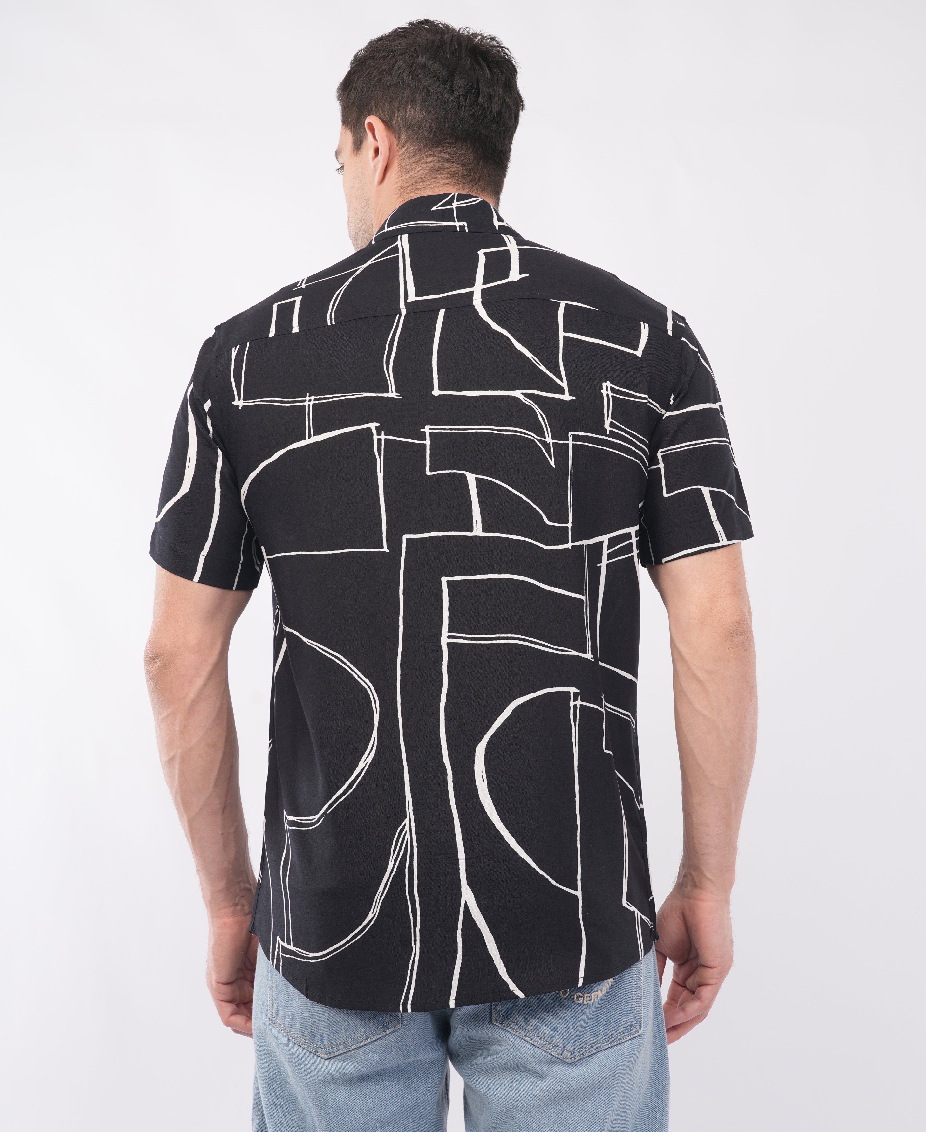 Black Half Sleeve Abstract Printed Shirt