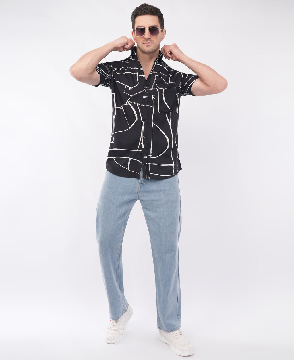 Black Half Sleeve Abstract Printed Shirt