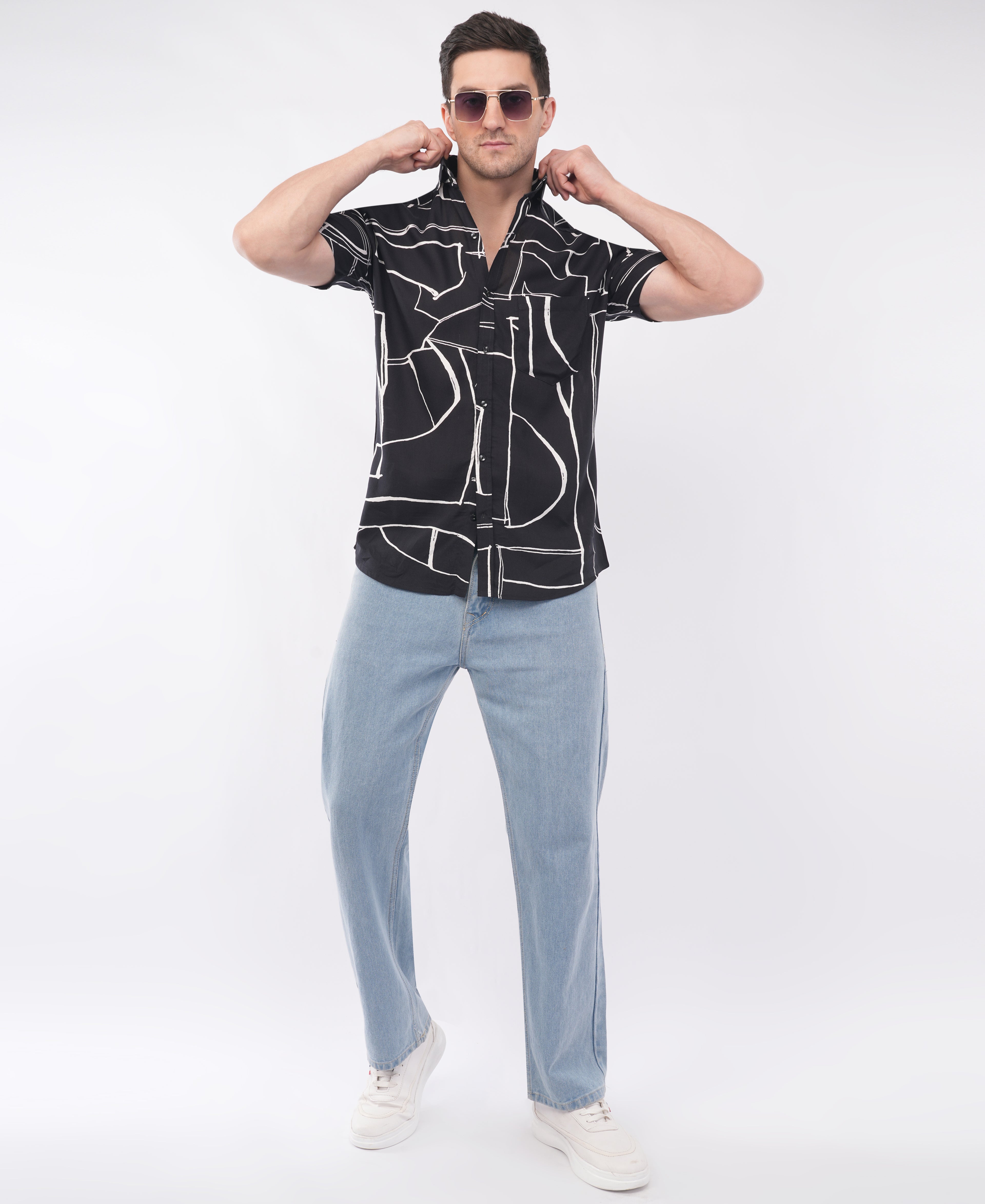 Black Half Sleeve Abstract Printed Shirt