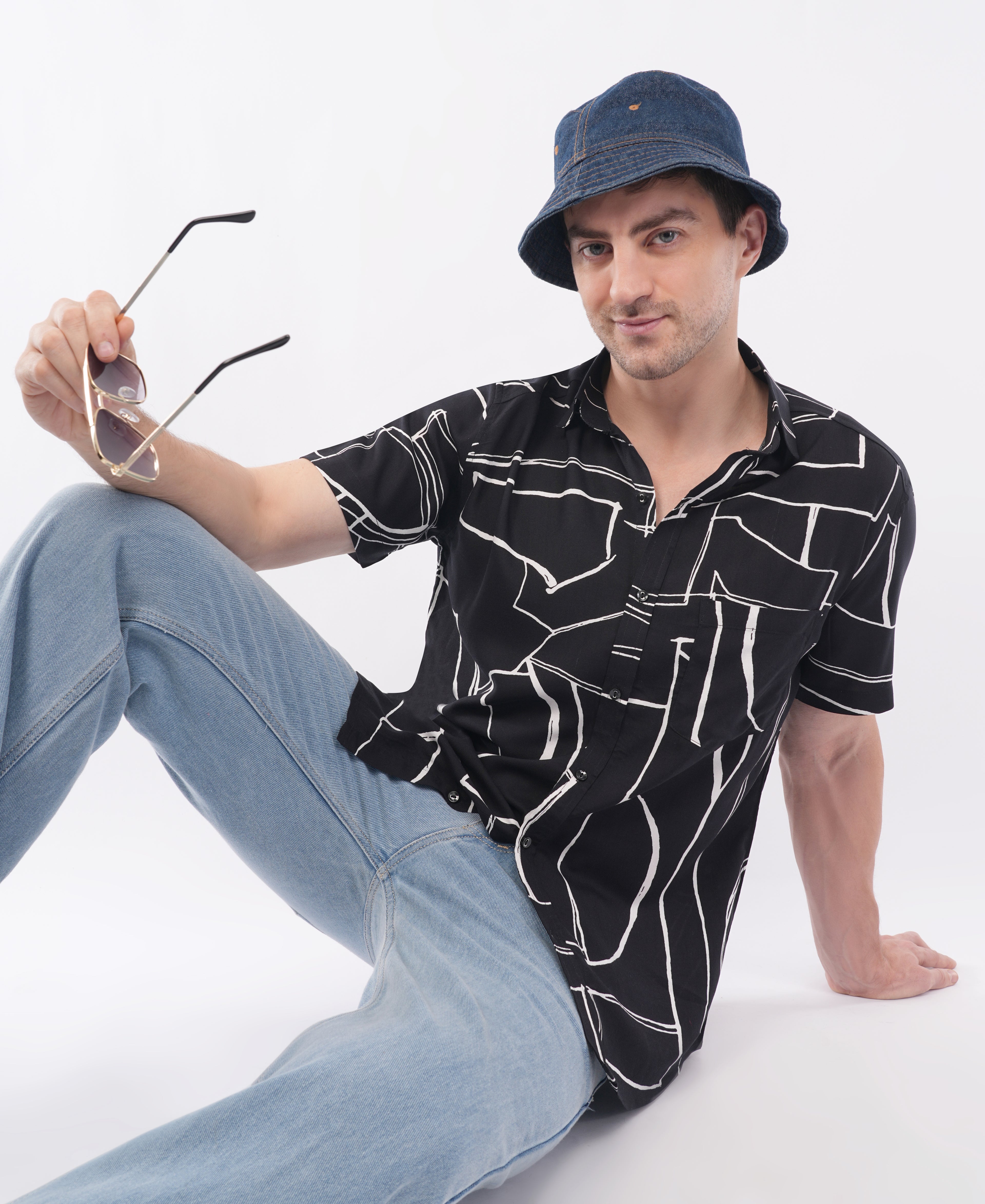 Black Half Sleeve Abstract Printed Shirt