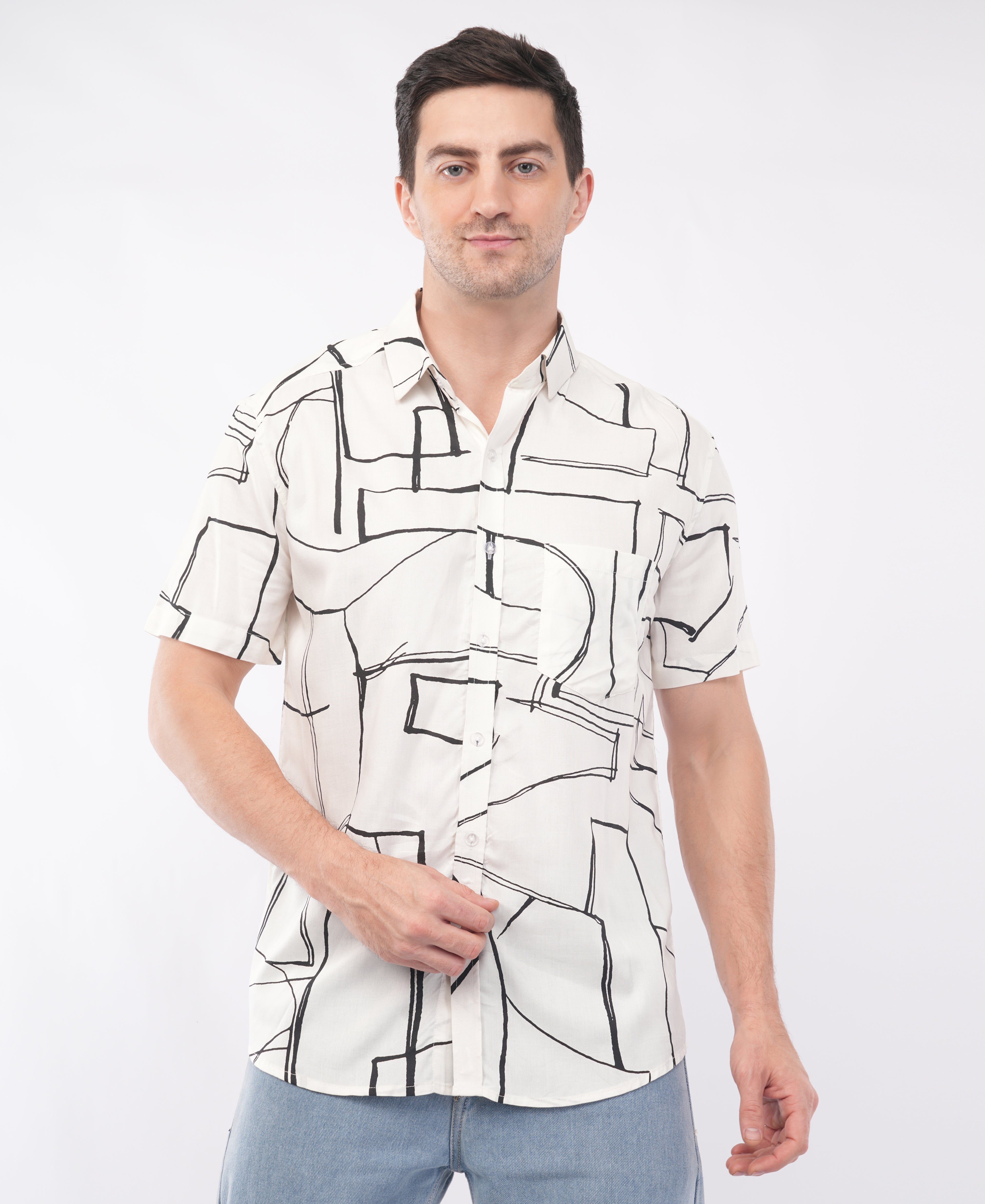 White Half Sleeve Abstract Printed Shirt