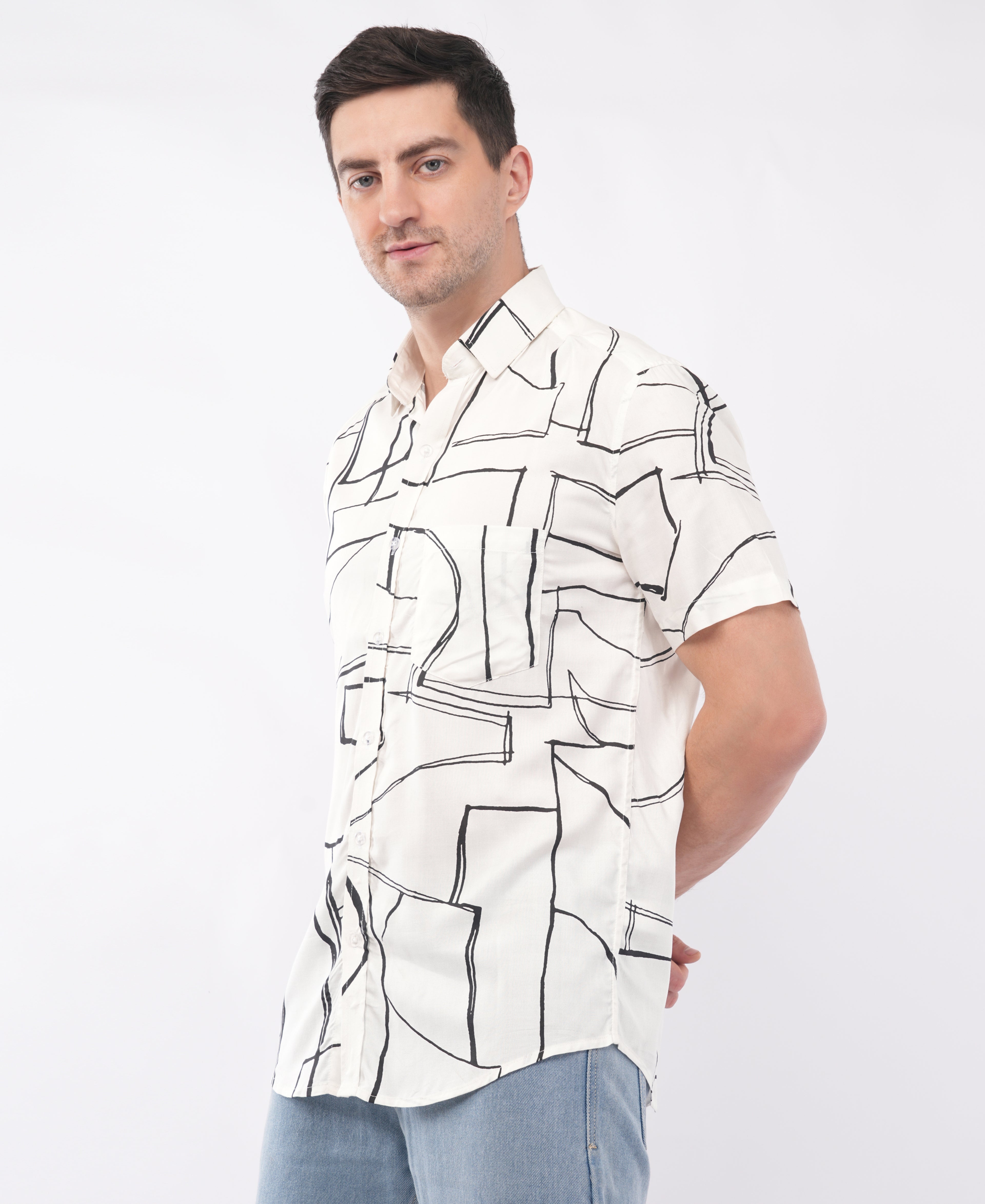 White Half Sleeve Abstract Printed Shirt