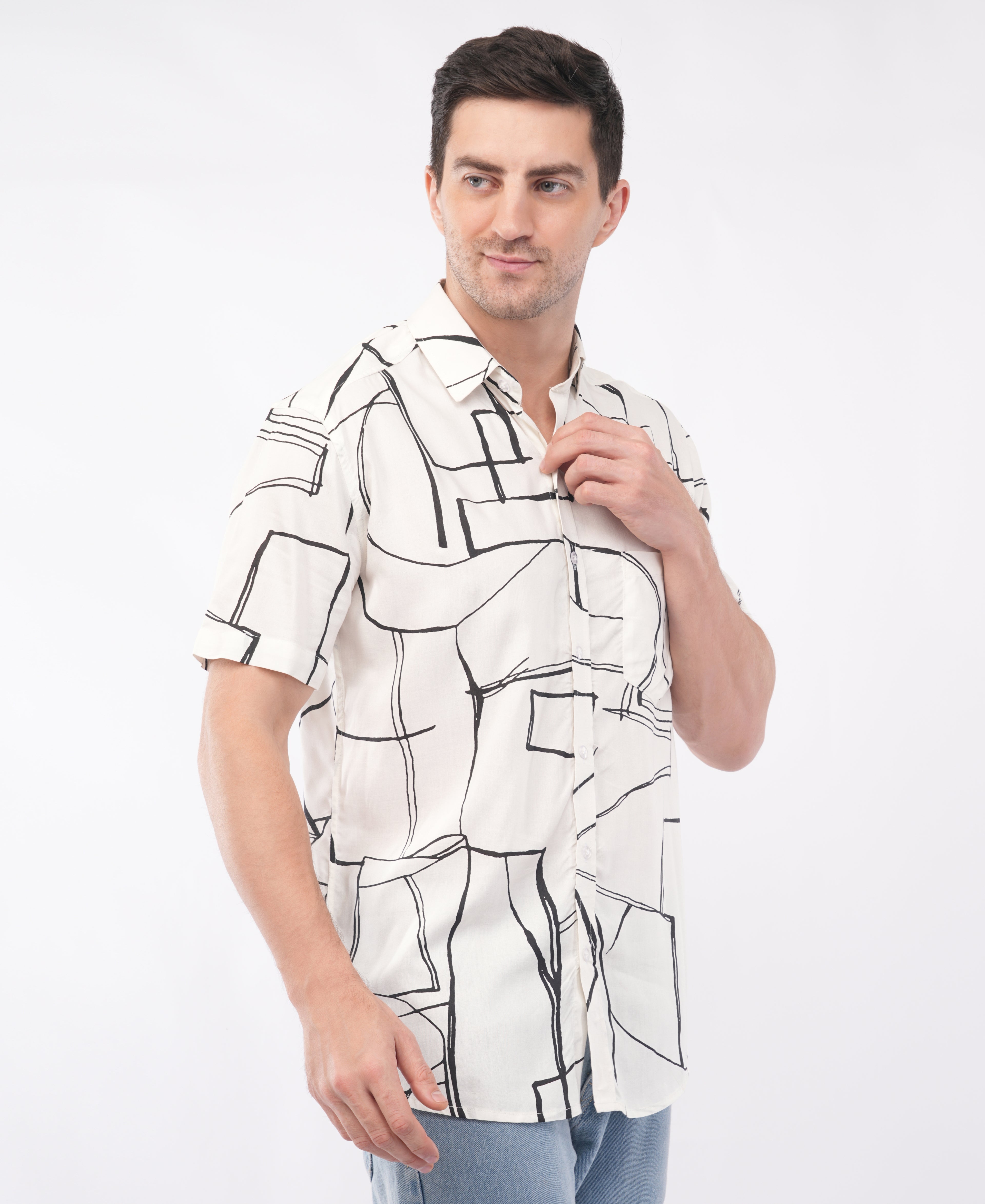 White Half Sleeve Abstract Printed Shirt