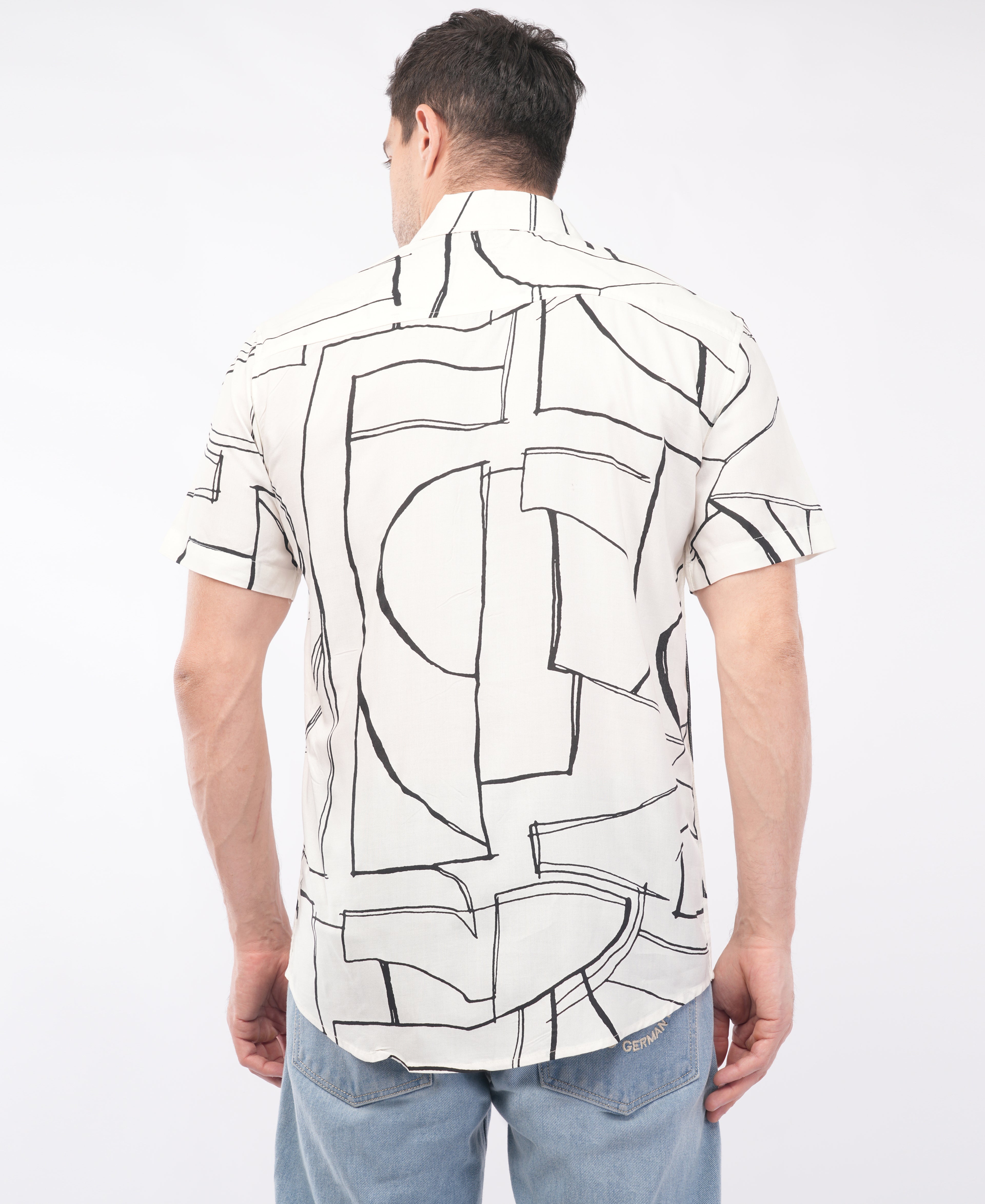 White Half Sleeve Abstract Printed Shirt