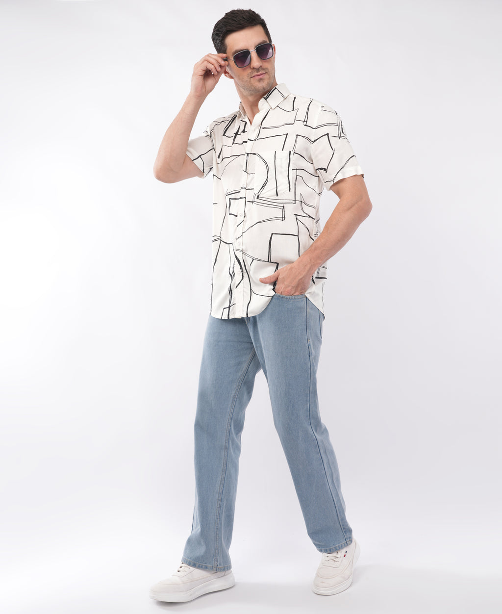 White Half Sleeve Abstract Printed Shirt