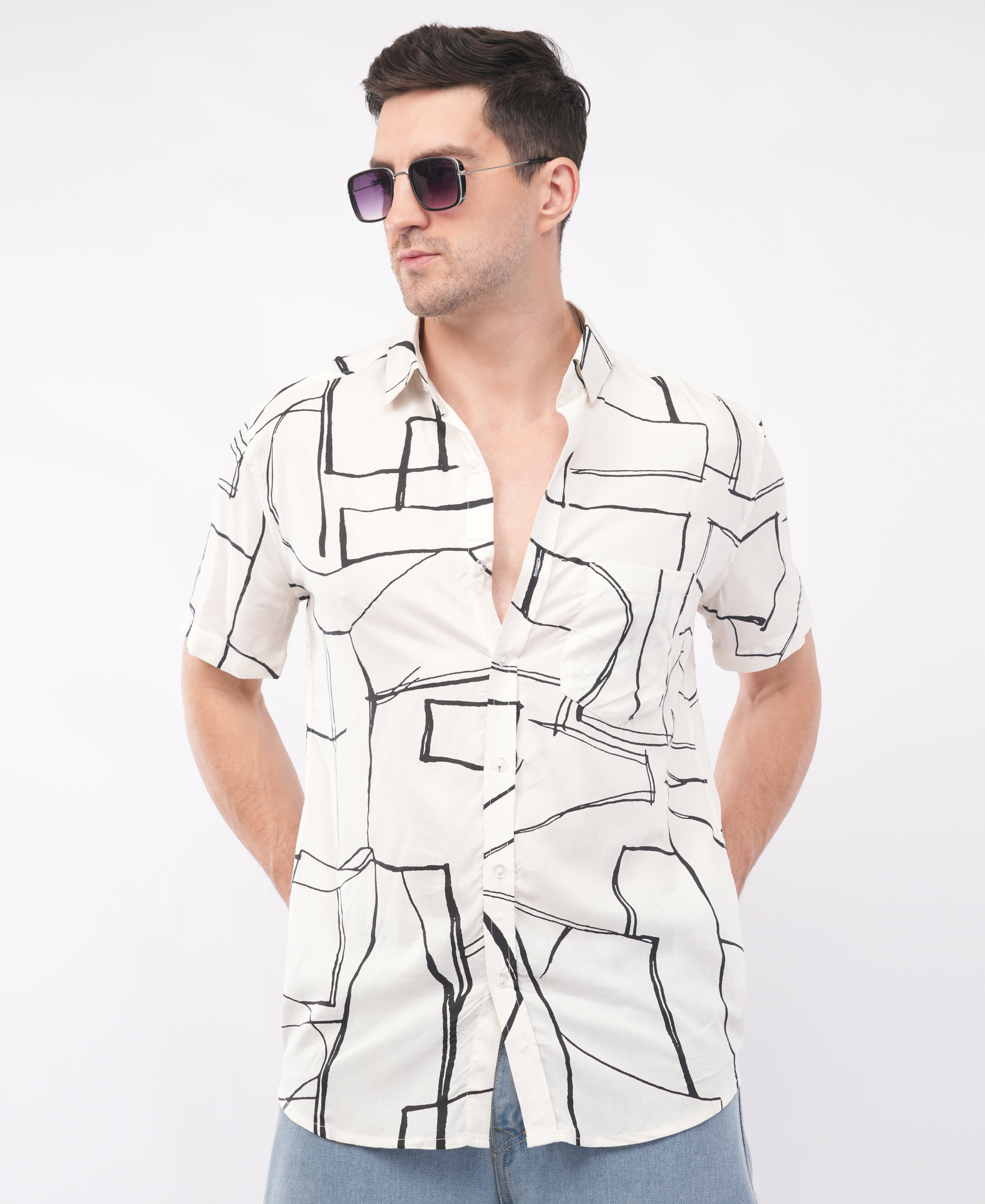 White Half Sleeve Abstract Printed Shirt