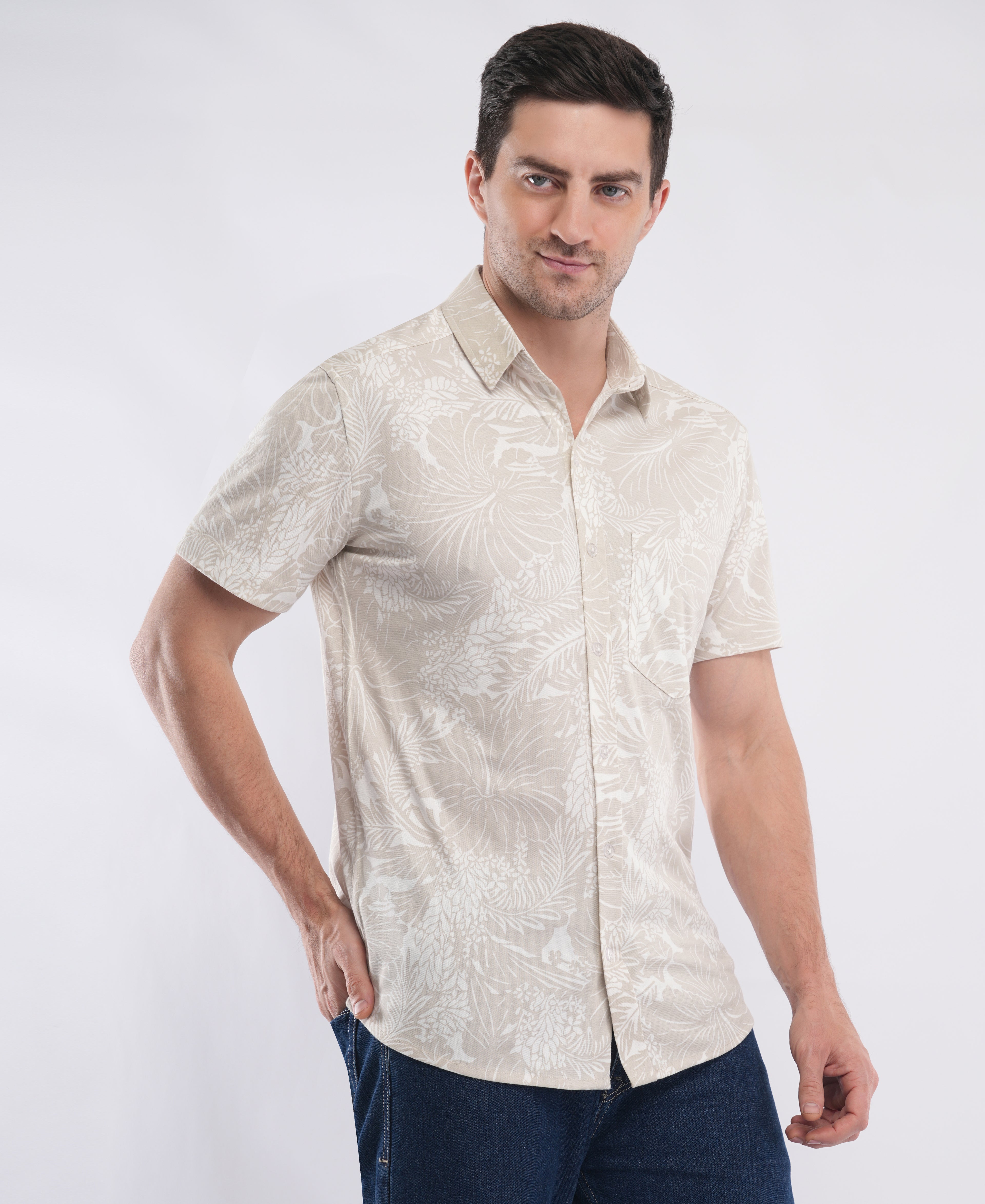 Beige Half Sleeve Printed Knitted Shirt