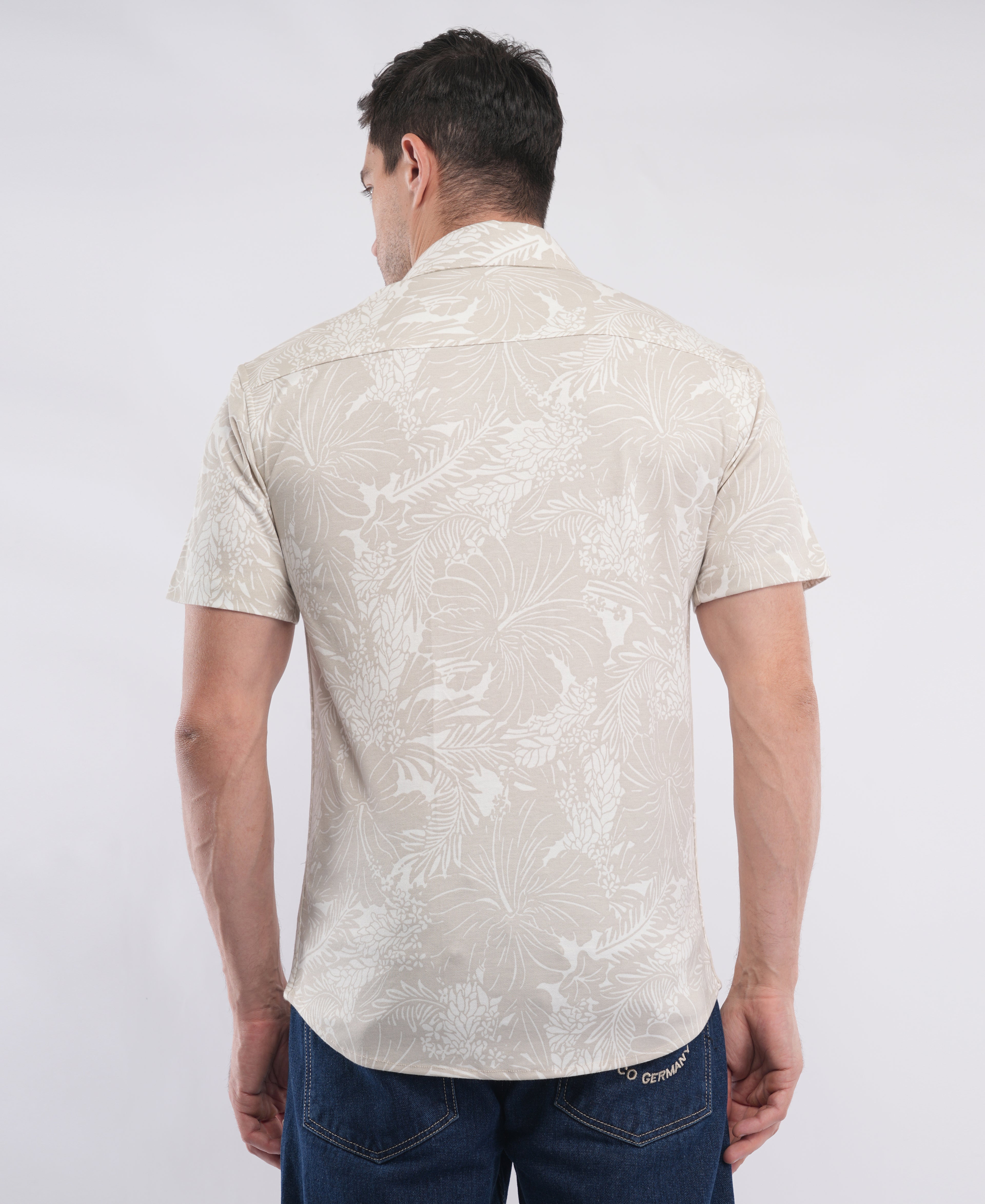 Beige Half Sleeve Printed Knitted Shirt