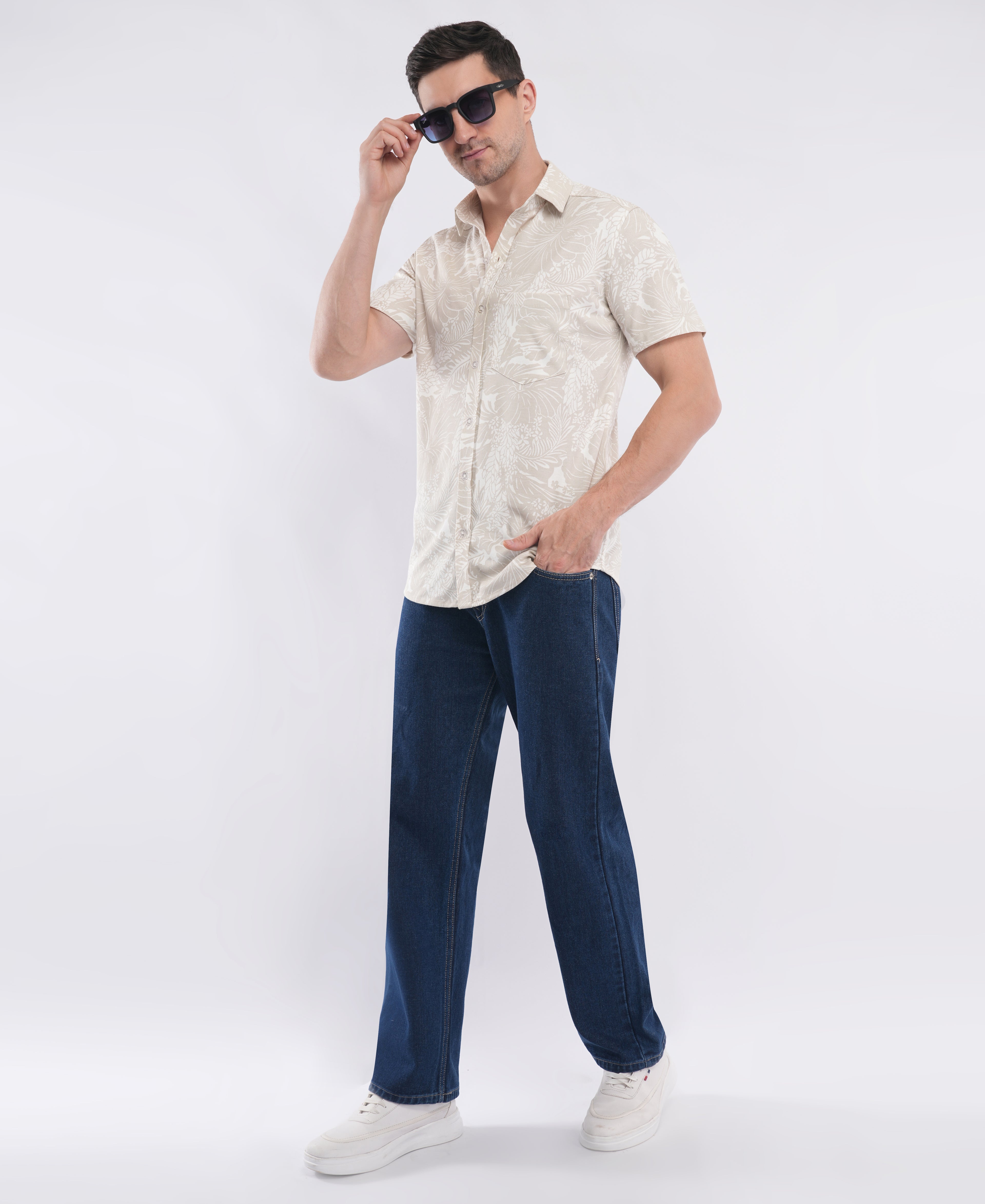 Beige Half Sleeve Printed Knitted Shirt