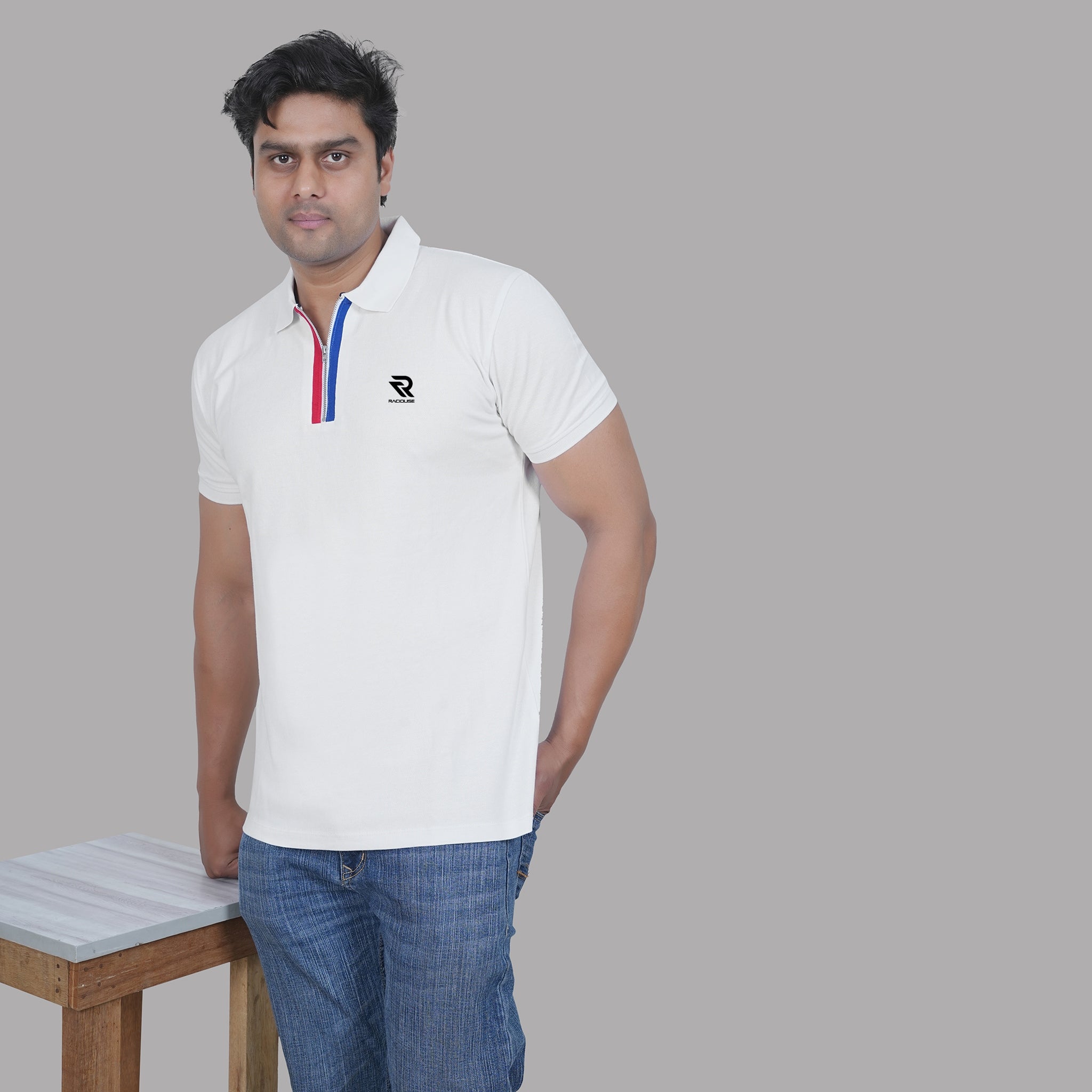 White Polo T-shirt with Tricolor Placket - Raciouse
