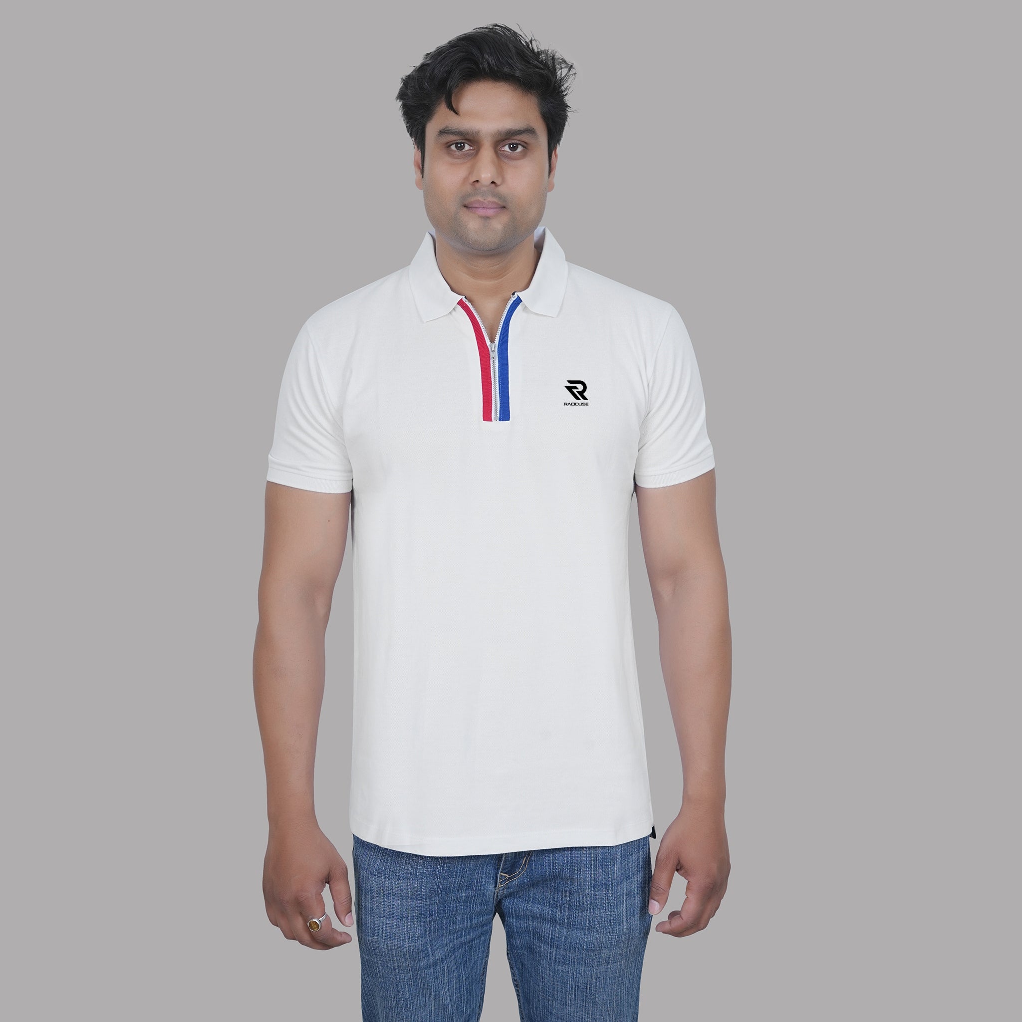 White Polo T-shirt with Tricolor Placket - Raciouse