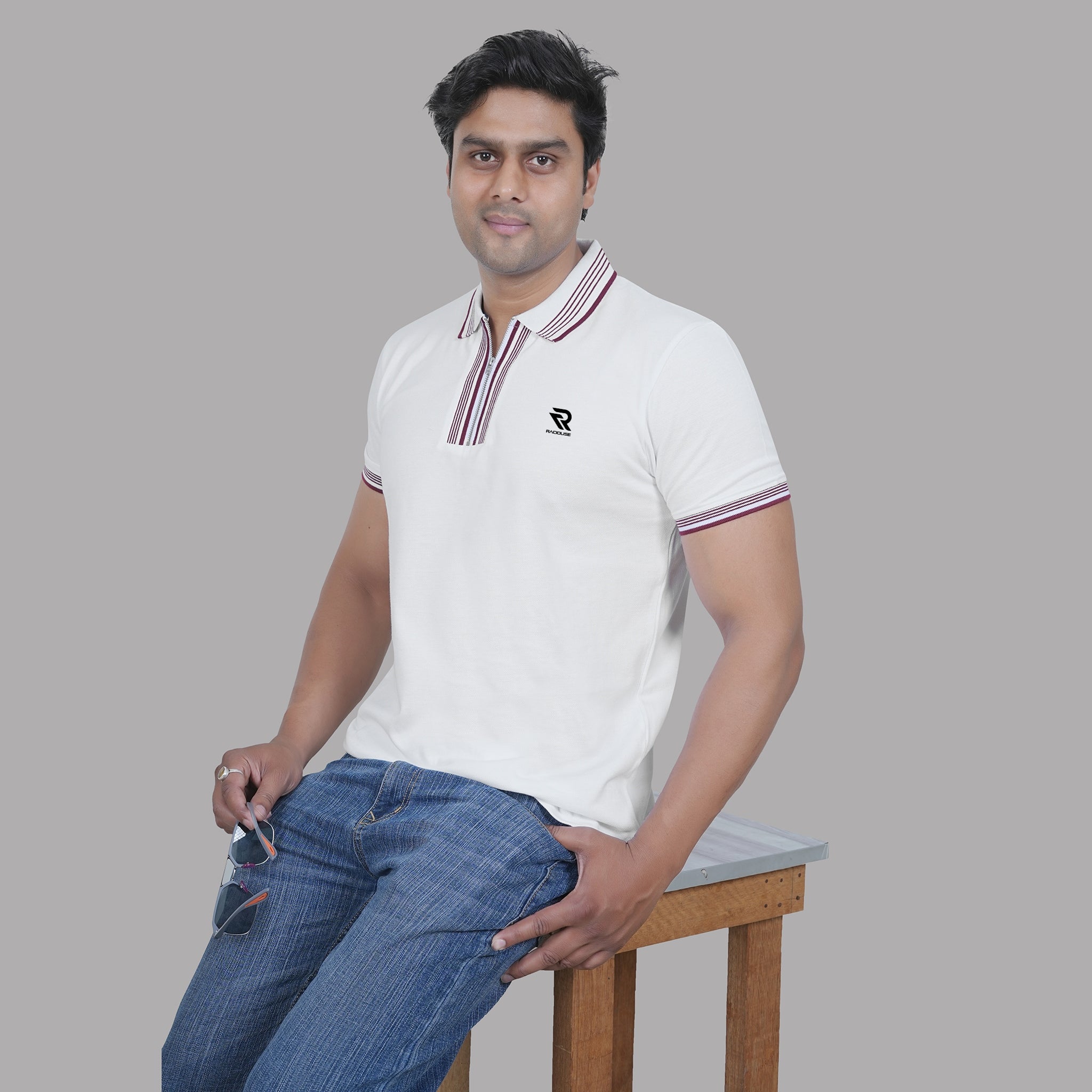 White Polo T-shirt with Maroon Tipping - Raciouse Contrast Collection