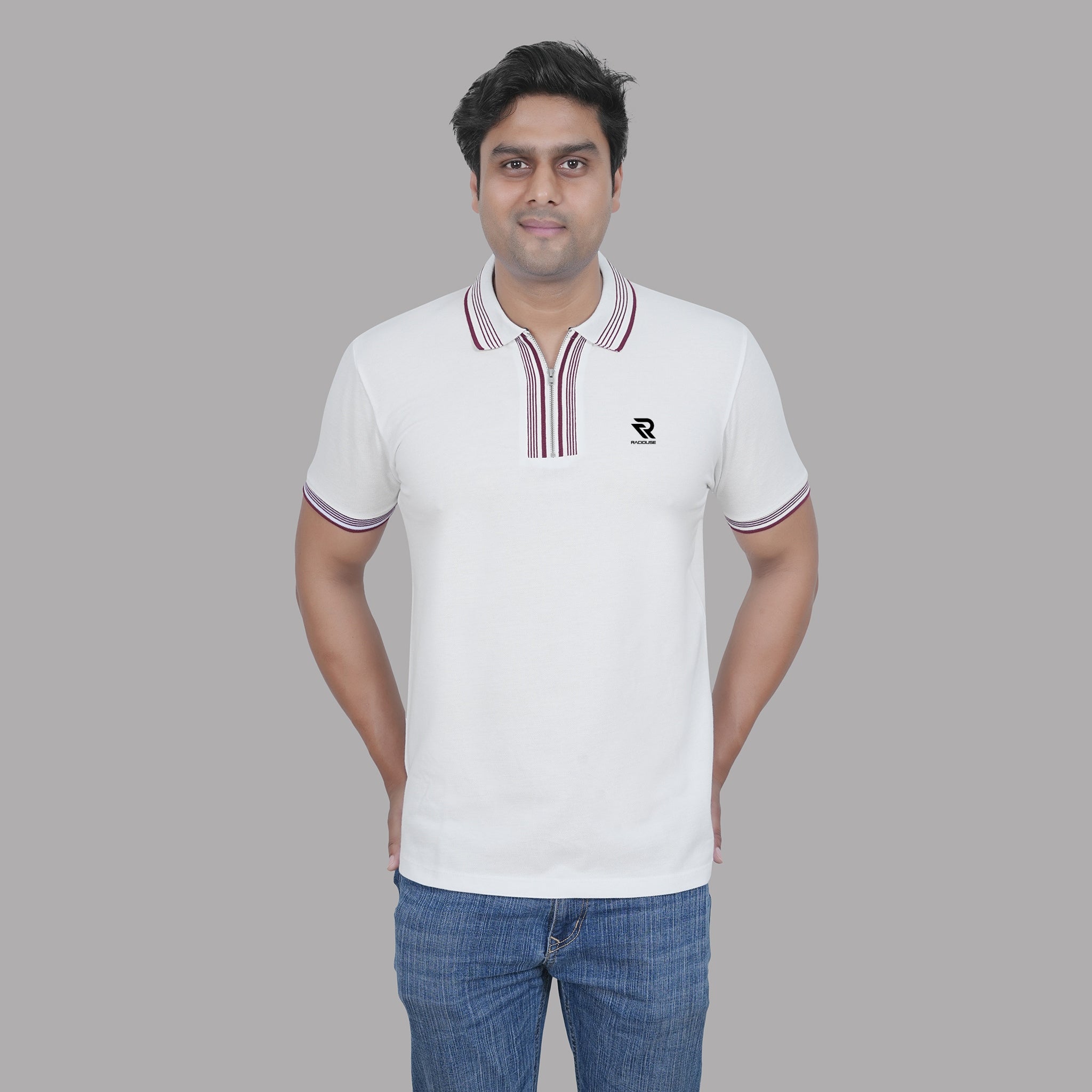 White Polo T-shirt with Maroon Tipping - Raciouse Contrast Collection