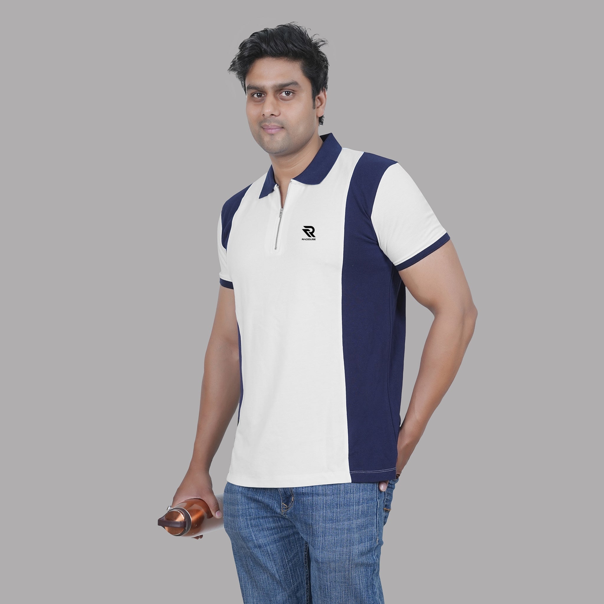Dual-Tone Zip Polo T-shirt