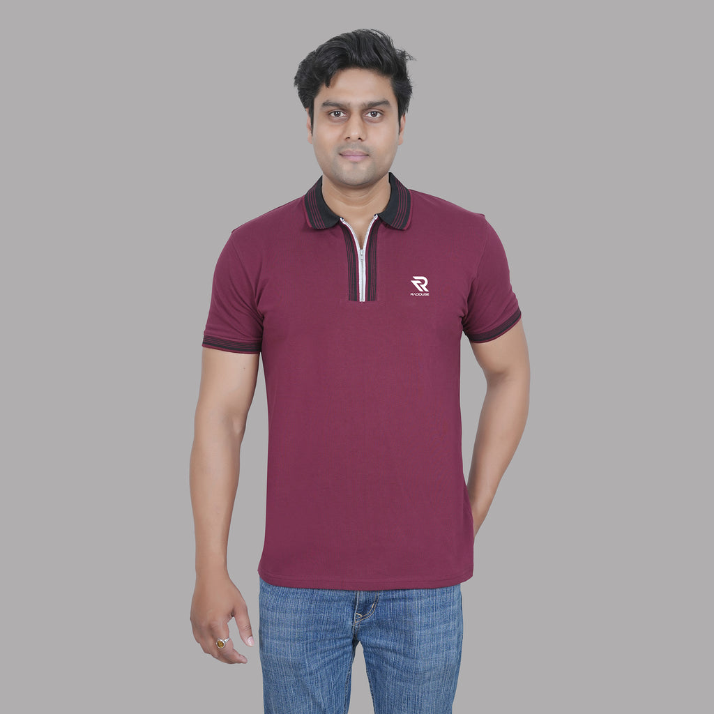 Marron Polo T-shirt with Contrast Collar - by Raciouse
