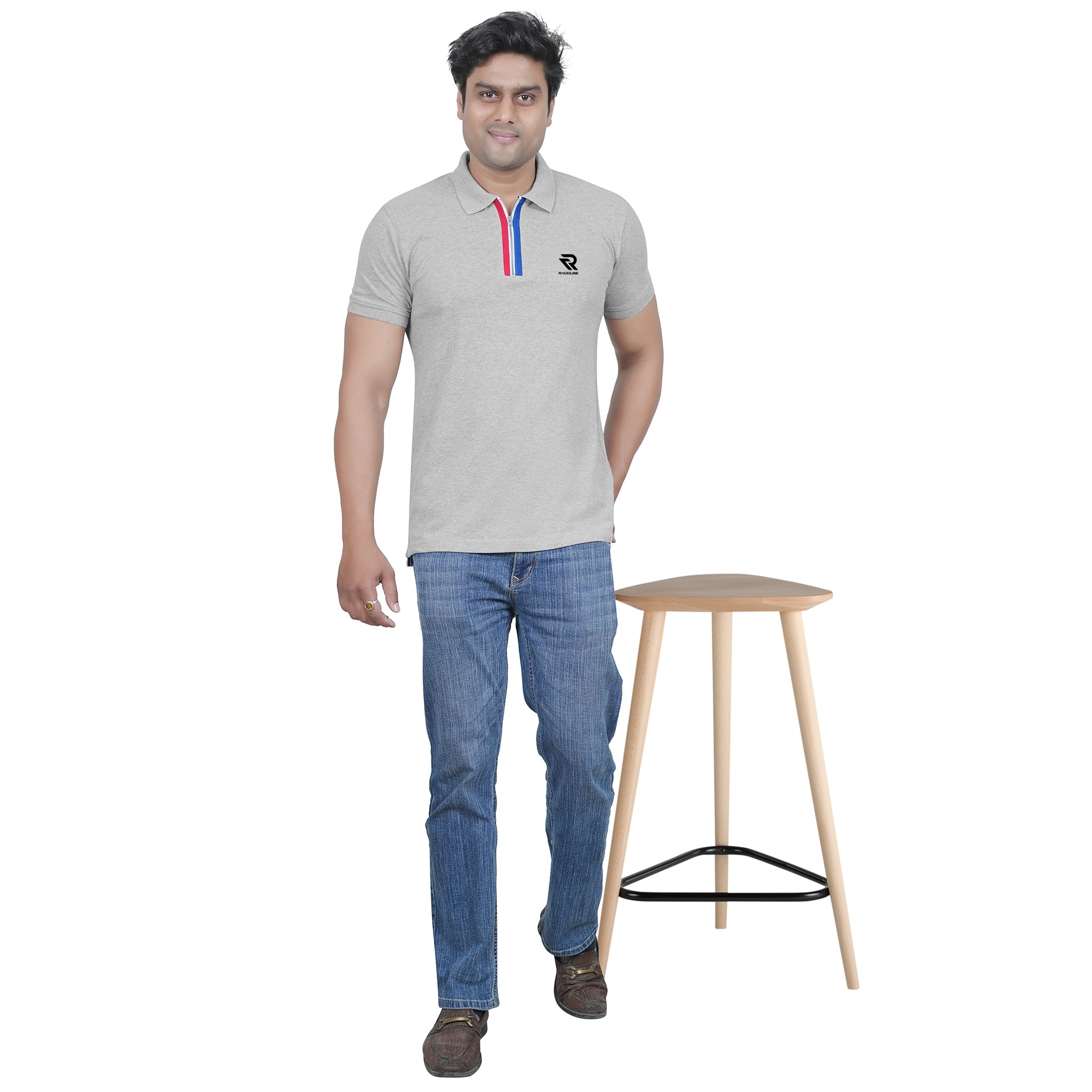 Grey Polo T-shirt with Tricolour Placket - Raciouse Edition