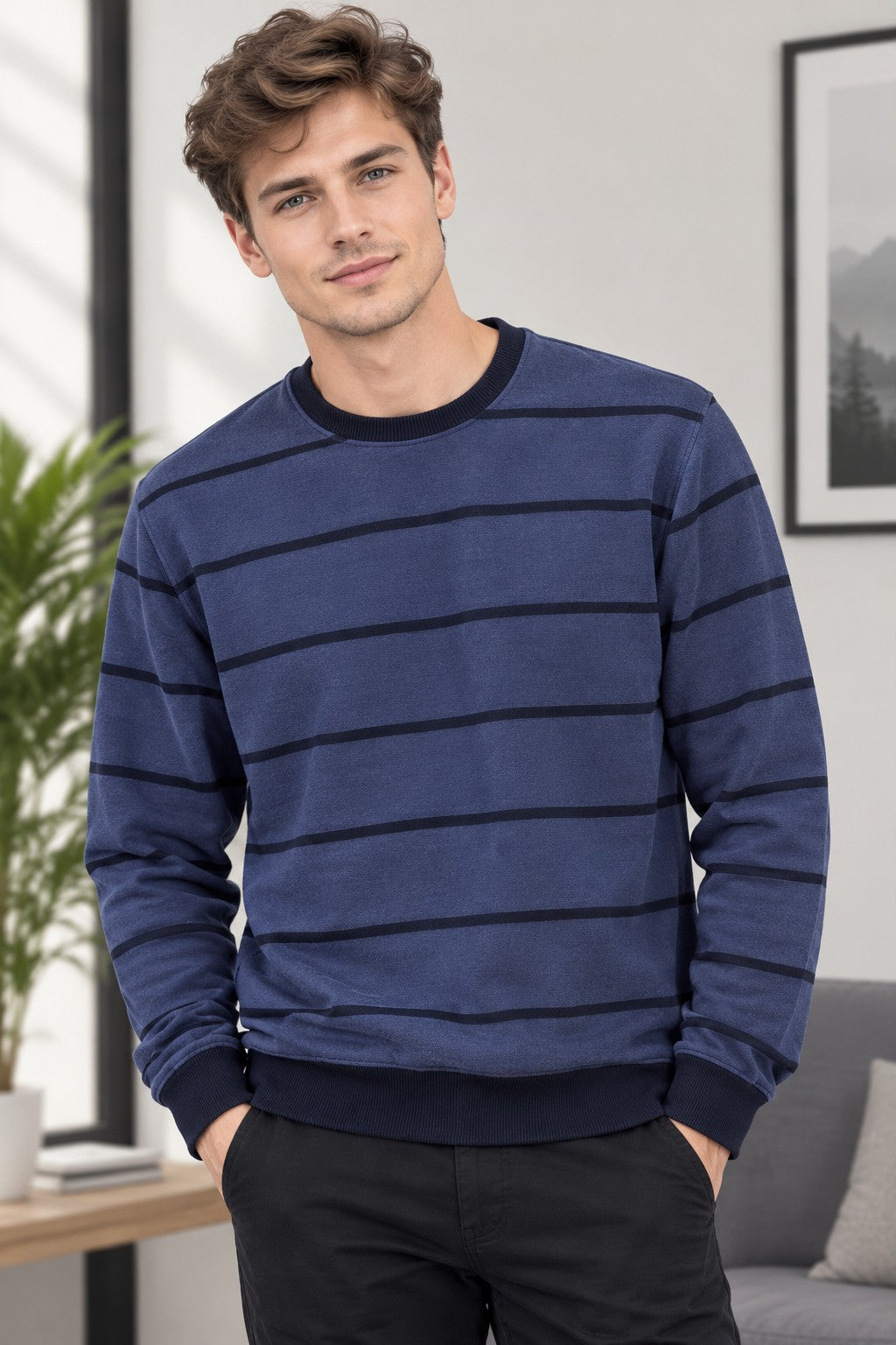 Men’s Luxury Striped Fleece Sweatshirt – Navy Blue