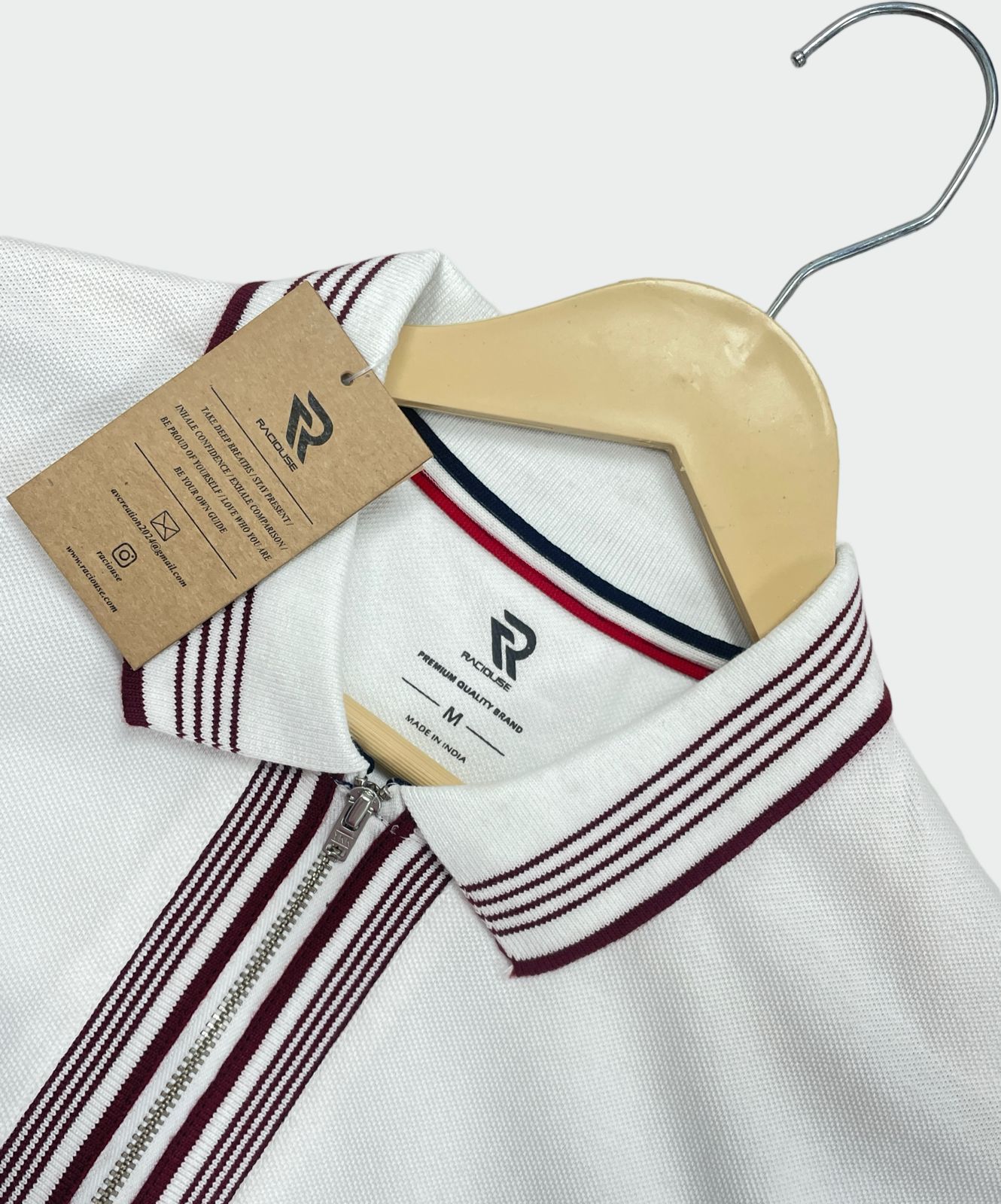 White Polo T-shirt with Maroon Tipping - Raciouse Contrast Collection