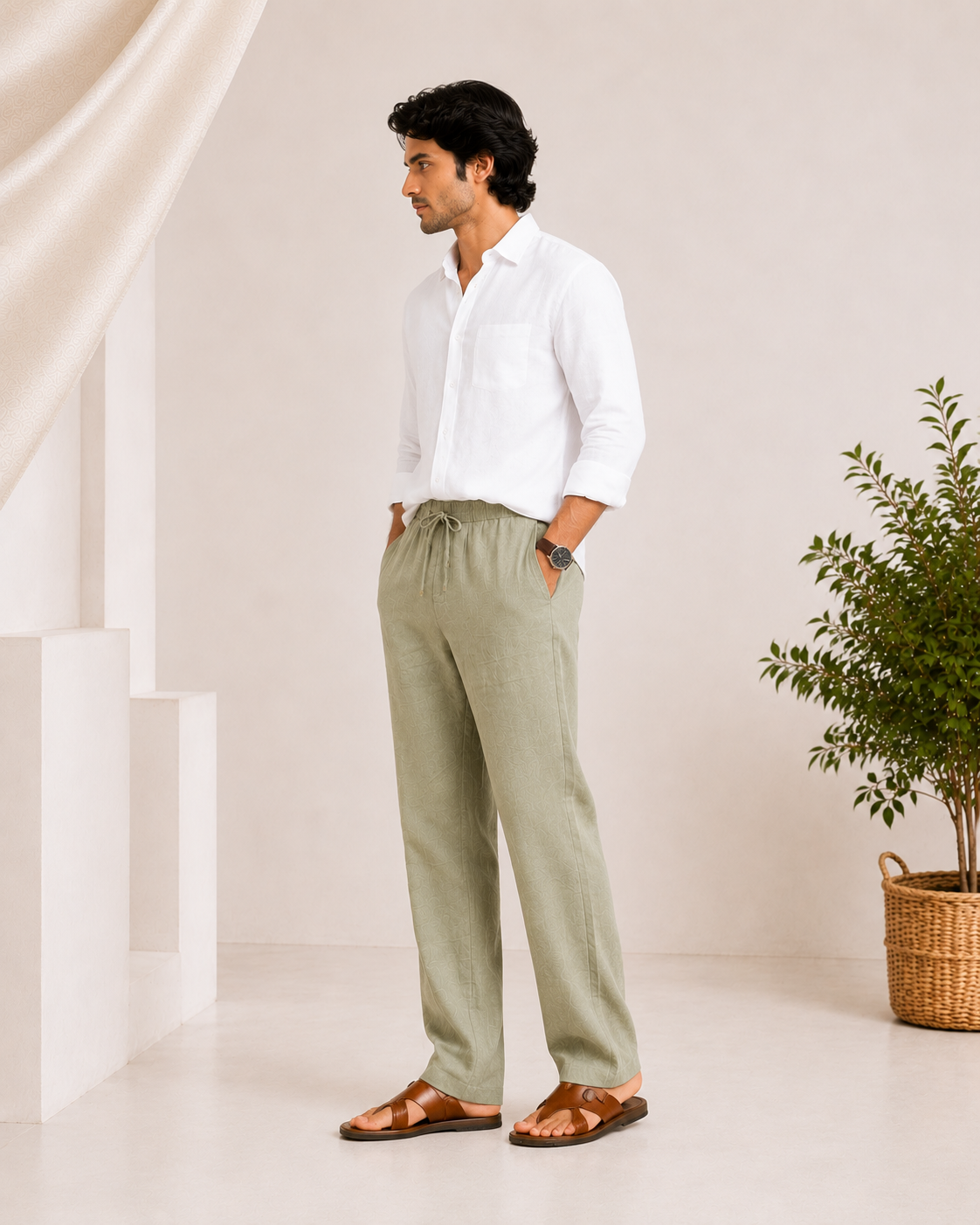 Men’s Olive Linen Drawstring Pants – Relaxed Summer Fit