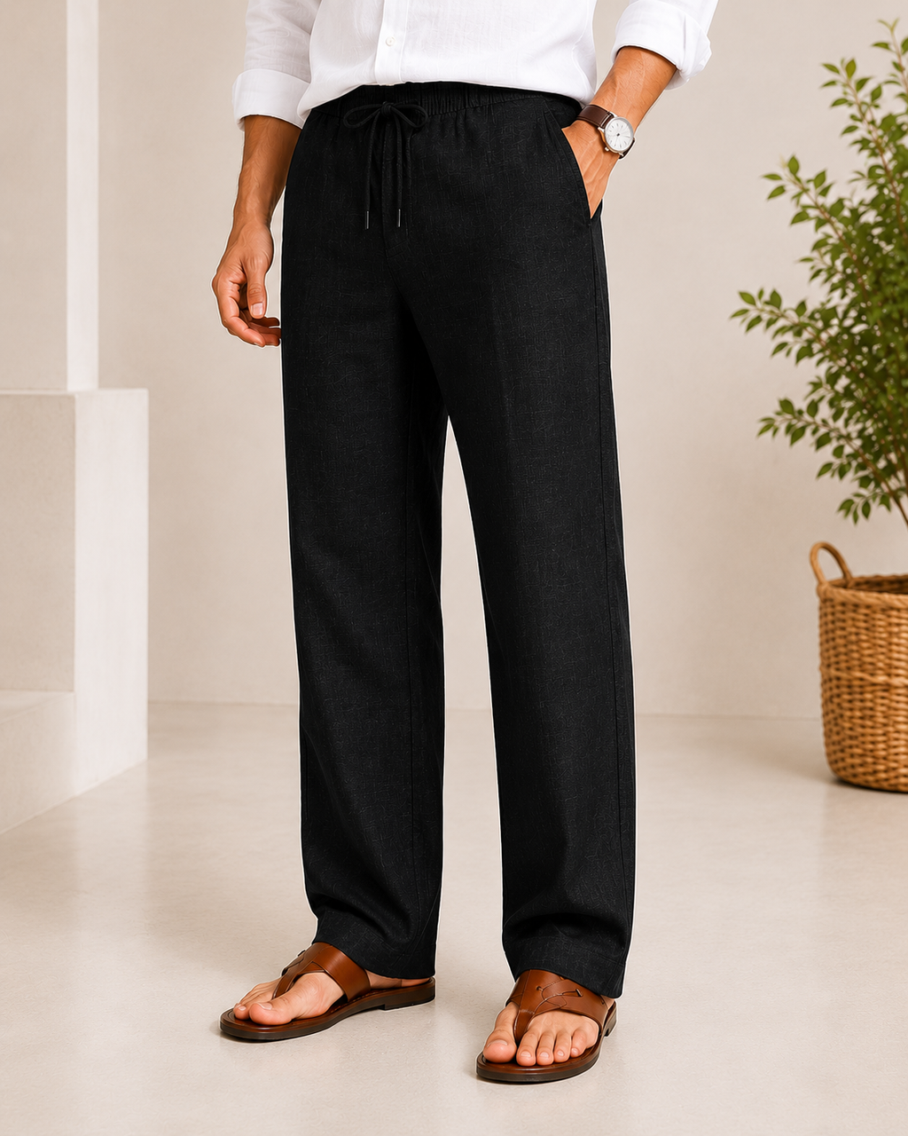 Men’s Black Linen Drawstring Pants – Relaxed Summer Fit