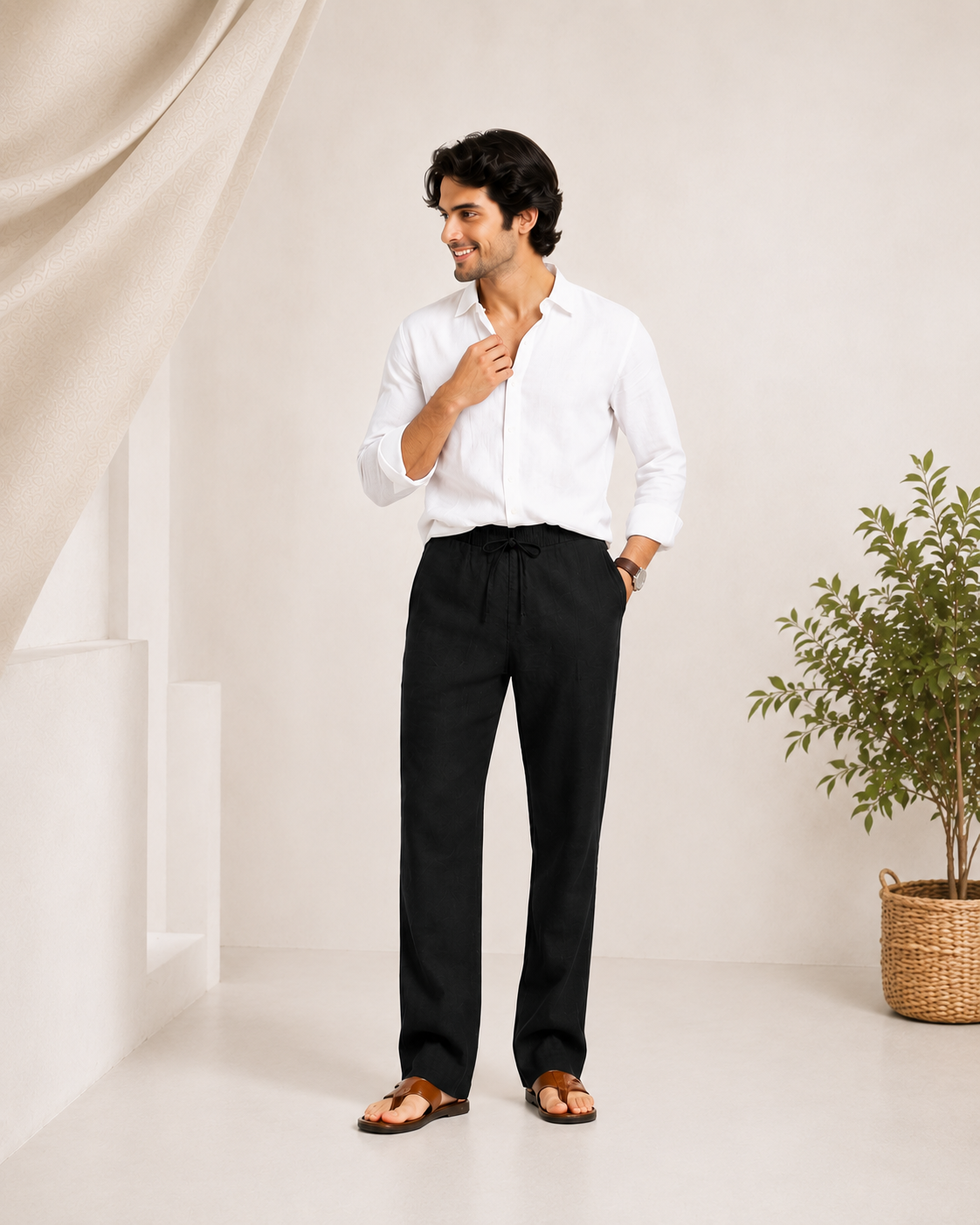 Men’s Black Linen Drawstring Pants – Relaxed Summer Fit