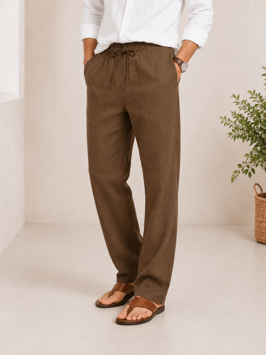 Men’s Brown Linen Drawstring Pants – Relaxed Summer Fit