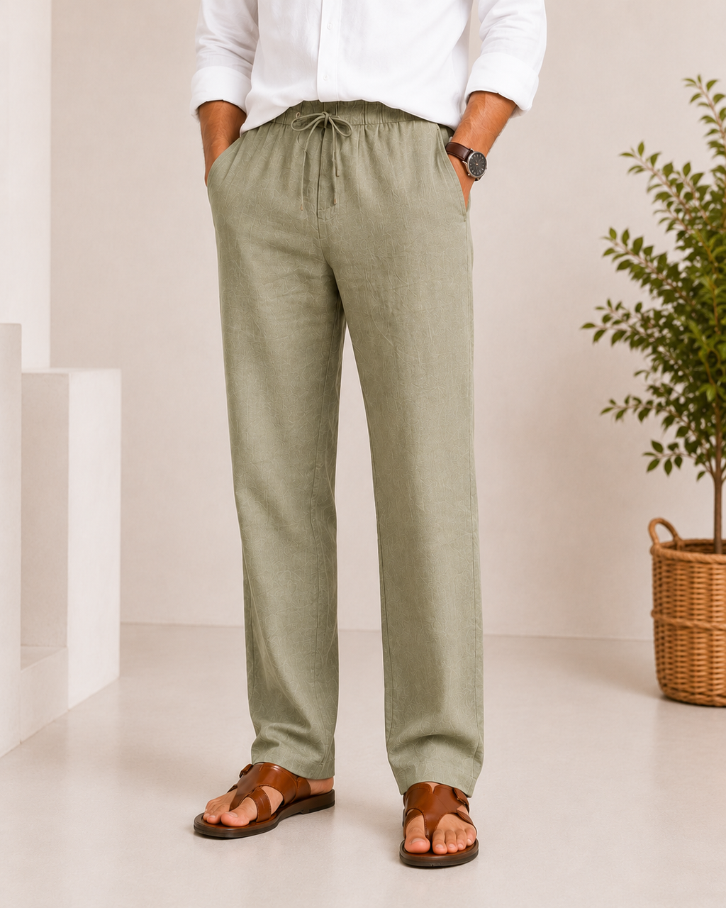 Men’s Olive Linen Drawstring Pants – Relaxed Summer Fit