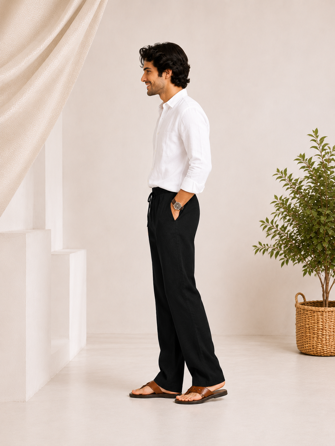 Men’s Black Linen Drawstring Pants – Relaxed Summer Fit