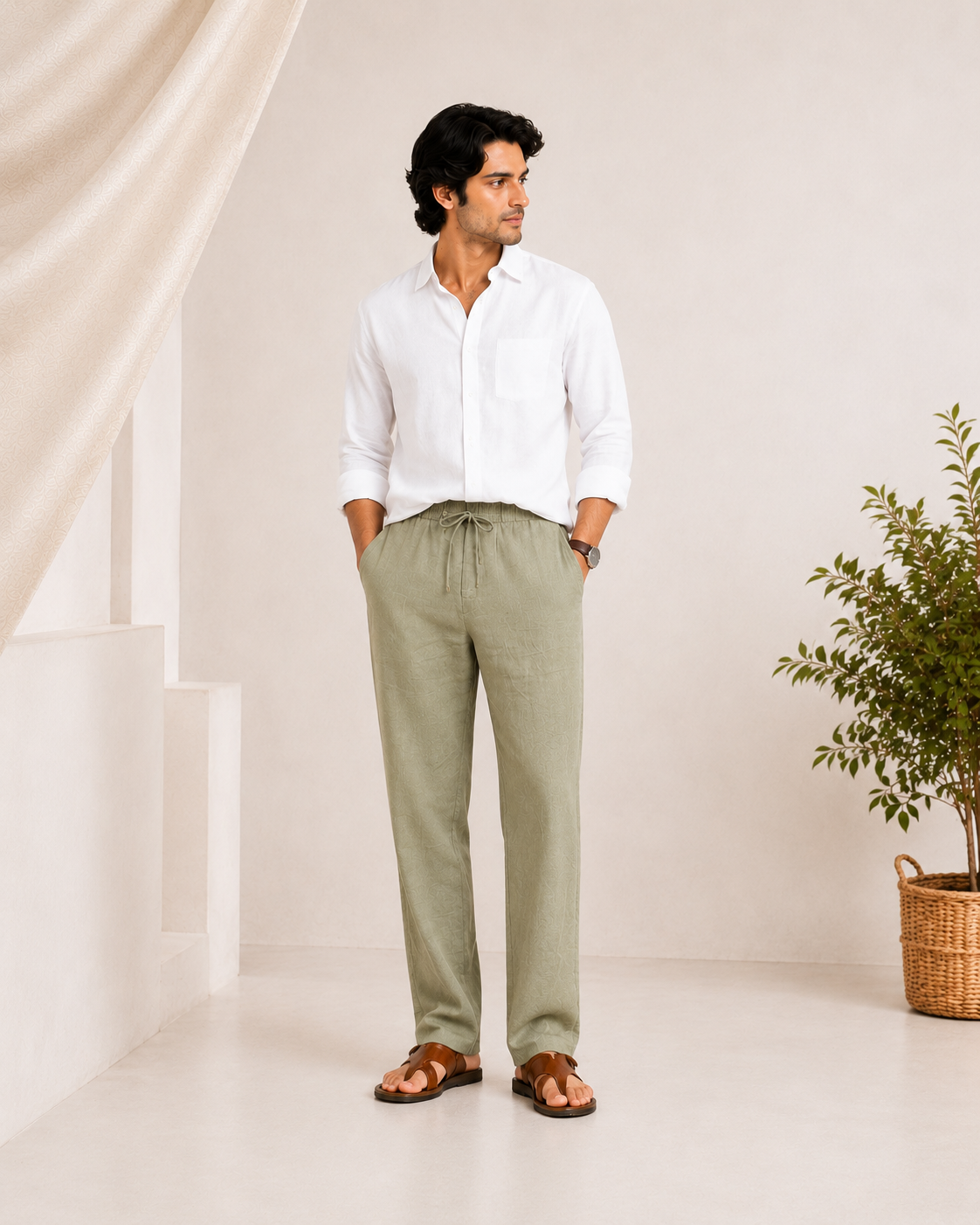 Men’s Olive Linen Drawstring Pants – Relaxed Summer Fit