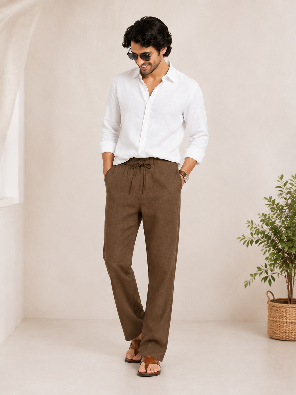 Men’s Brown Linen Drawstring Pants – Relaxed Summer Fit