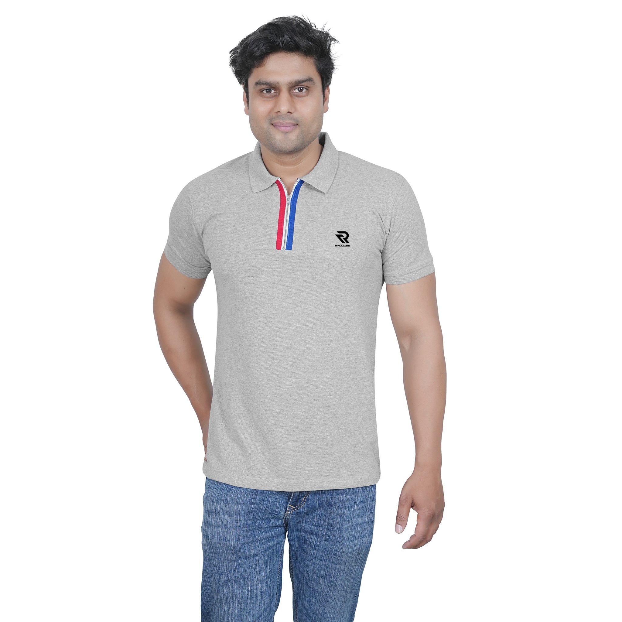 Grey Polo T-shirt with Tricolour Placket - Raciouse Edition