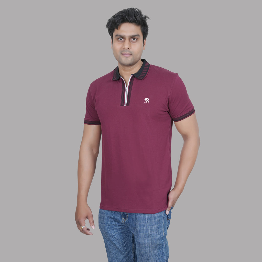Marron Polo T-shirt with Contrast Collar - by Raciouse